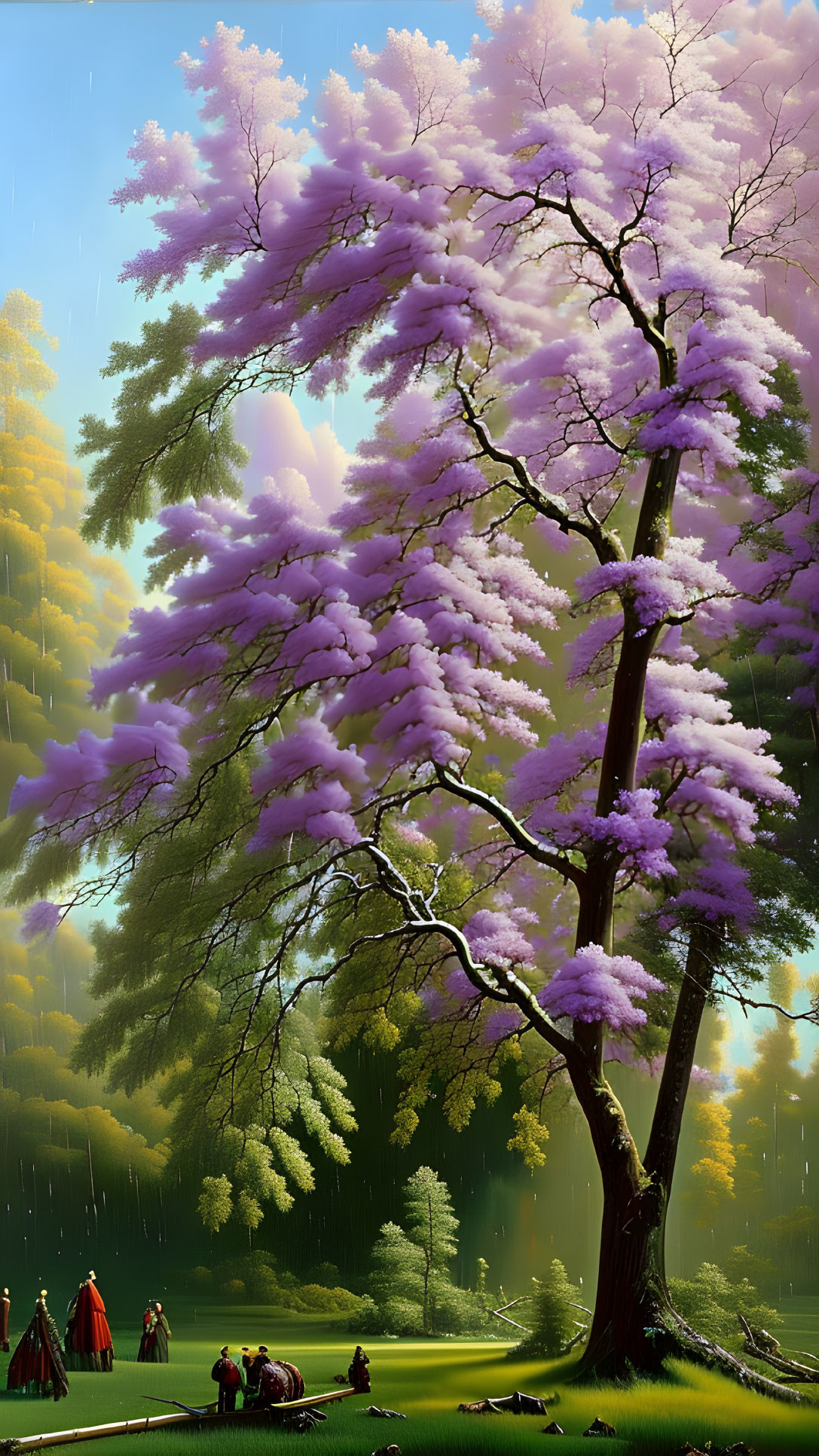 Vivid artwork of blossoming purple tree with historical figures in lush forest