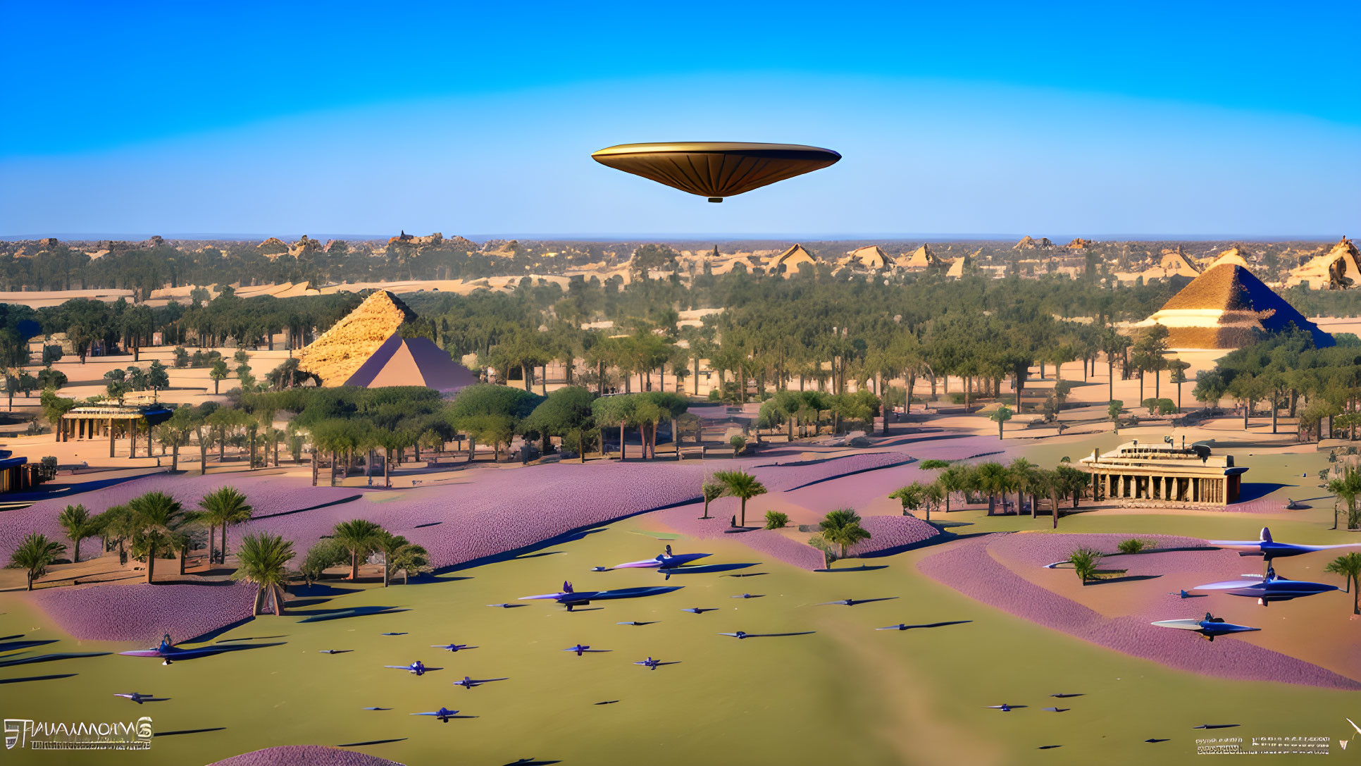 Futuristic desert landscape with pyramids, palm trees, and advanced technology