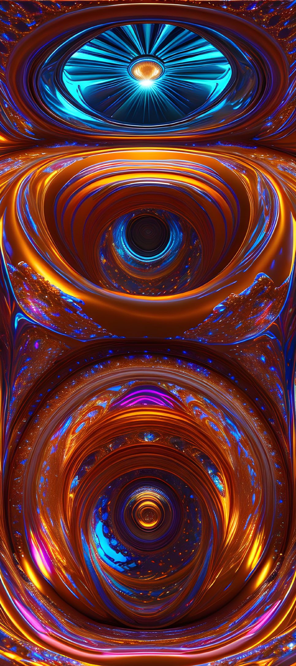 Abstract digital art: Swirling blue and orange patterns resembling futuristic portals