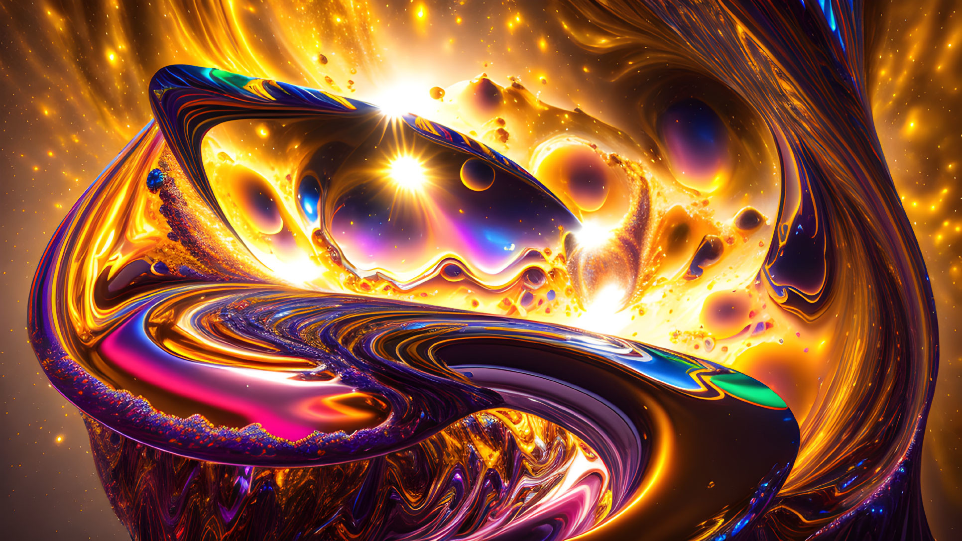 Colorful Abstract Digital Artwork with Swirling Patterns in Orange, Blue, and Purple