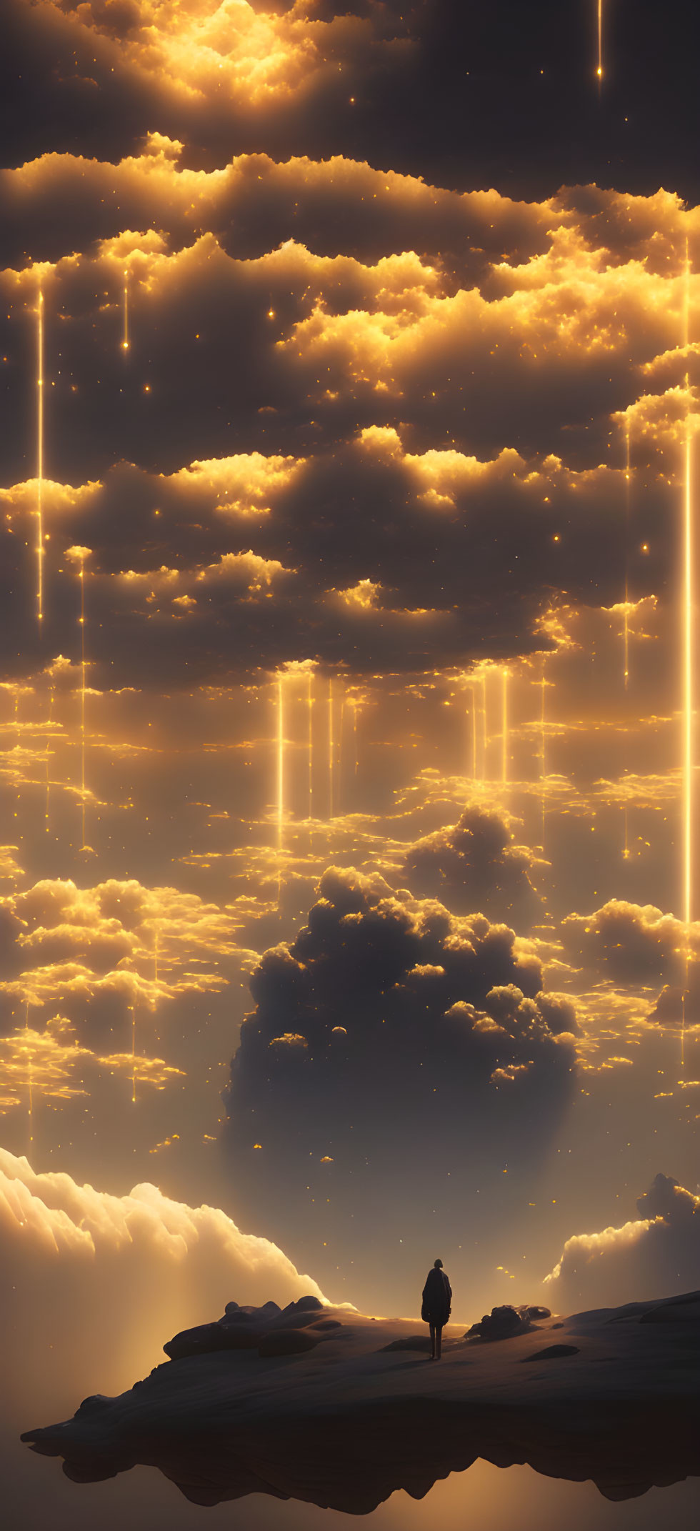 Solitary figure on cliff at dusk with golden clouds and light rays reflected in water