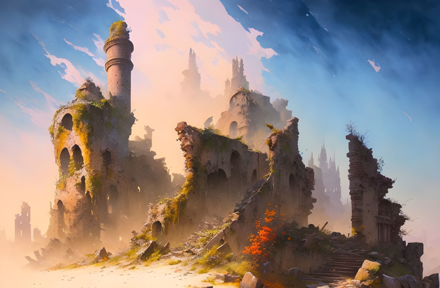 Sunlit ancient ruin with crumbling towers and overgrown vegetation under a vast blue sky.