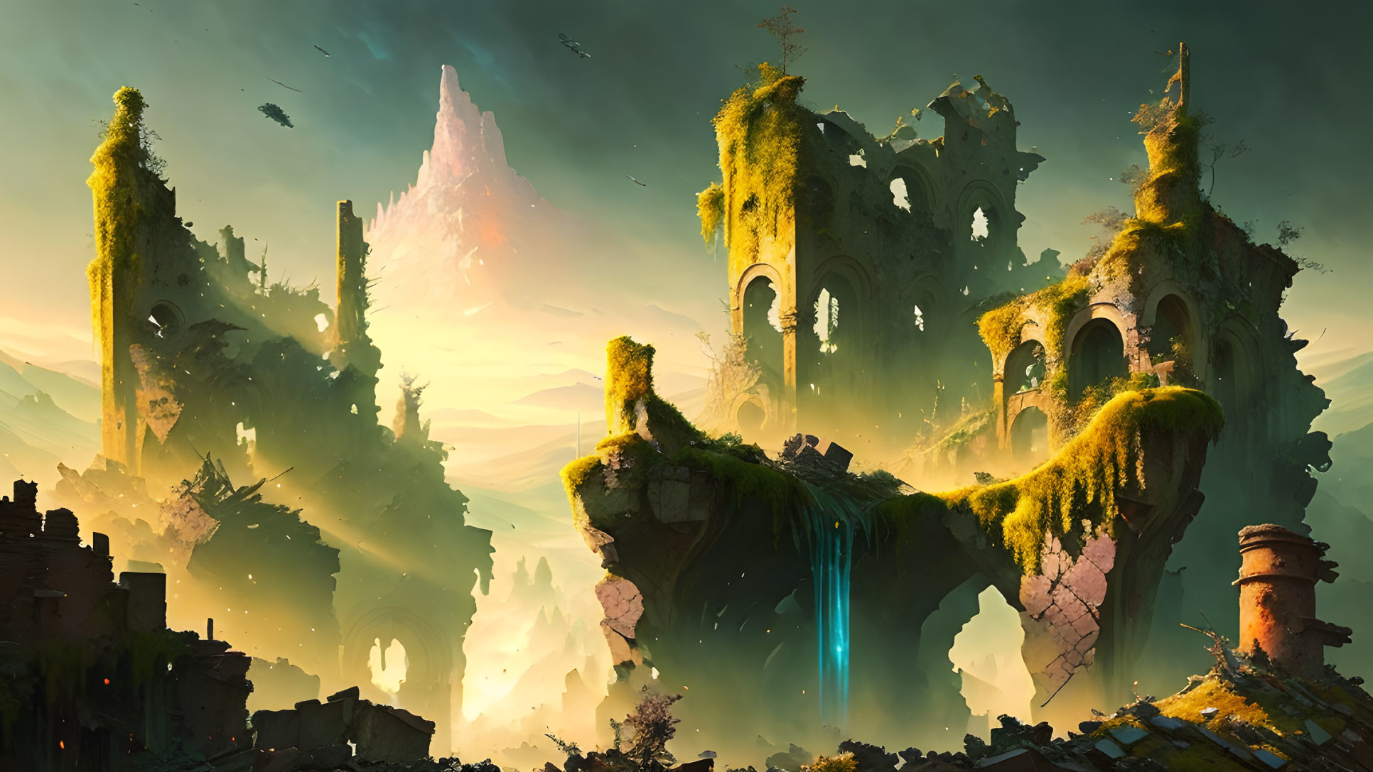 Fantastical landscape with ancient ruins on floating islands