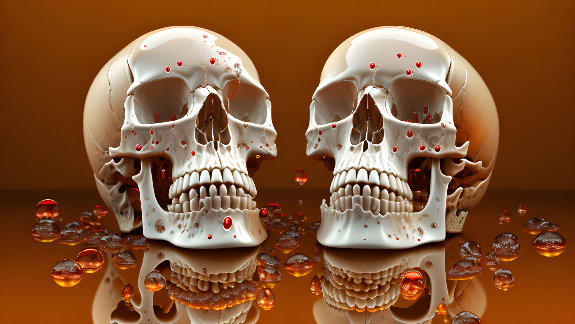 Realistic human skulls with red liquid on orange surface