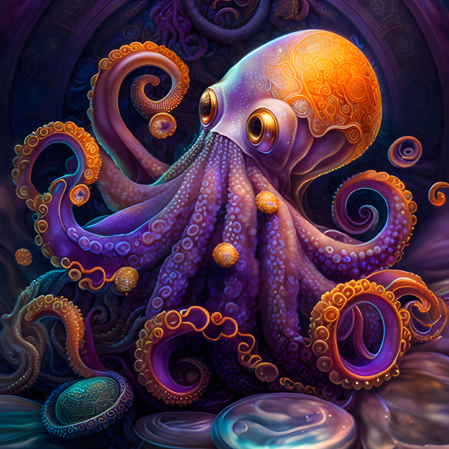 Colorful Octopus Illustration with Swirling Tentacles on Ornate Background