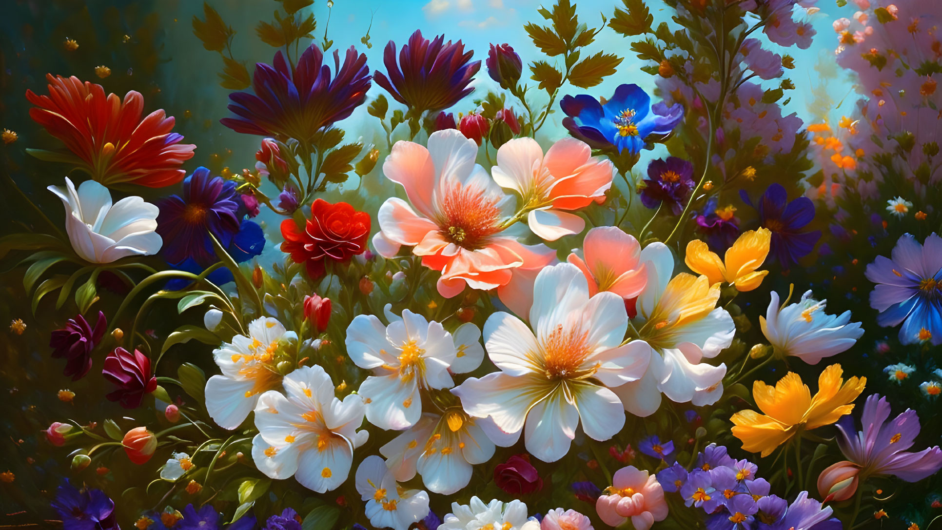 Colorful Flowers Digital Painting Against Blurred Garden Background