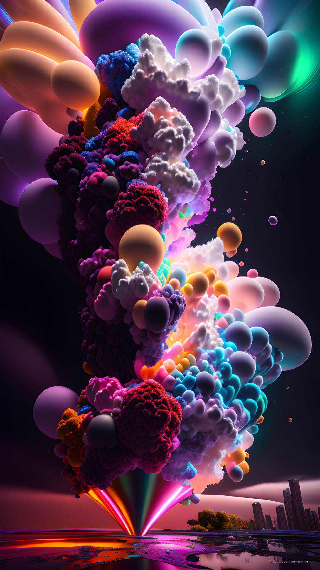 Colorful Digital Art: Exploding Spheres in Futuristic Night Cityscape