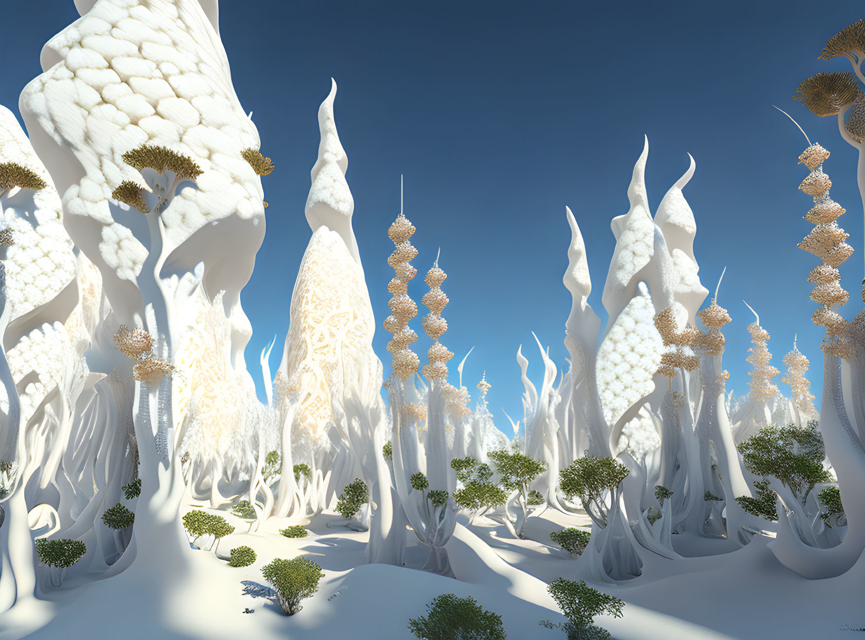 Surreal landscape with tall white structures and fantastical trees