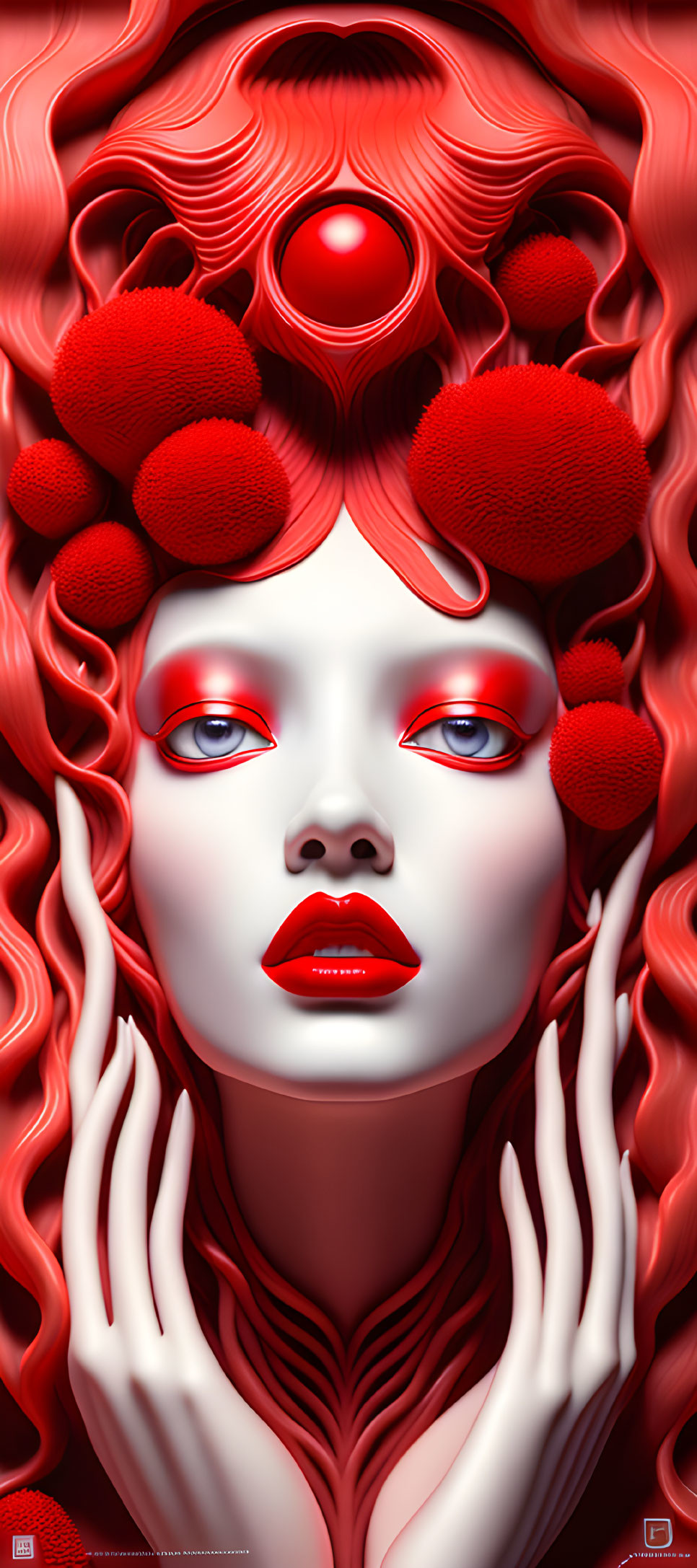 Surreal portrait of a woman with red hair and floral accents