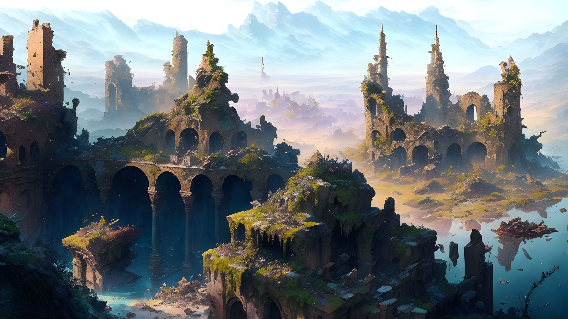 Ethereal landscape with ancient ruins and lush greenery