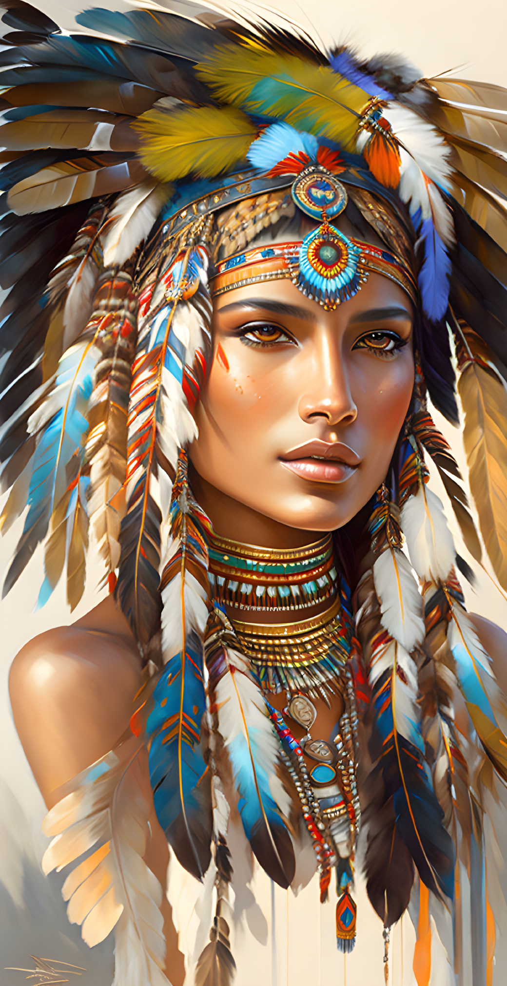 Detailed Native American headdress with feathers, beads, and jewelry on a woman