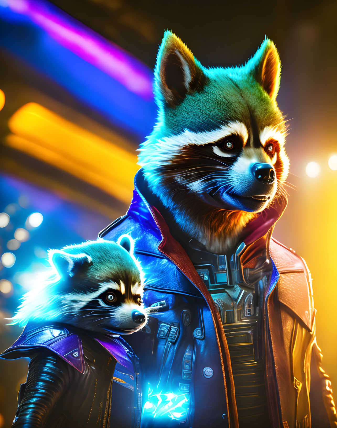 Anthropomorphic raccoons in futuristic jackets with neon lights.