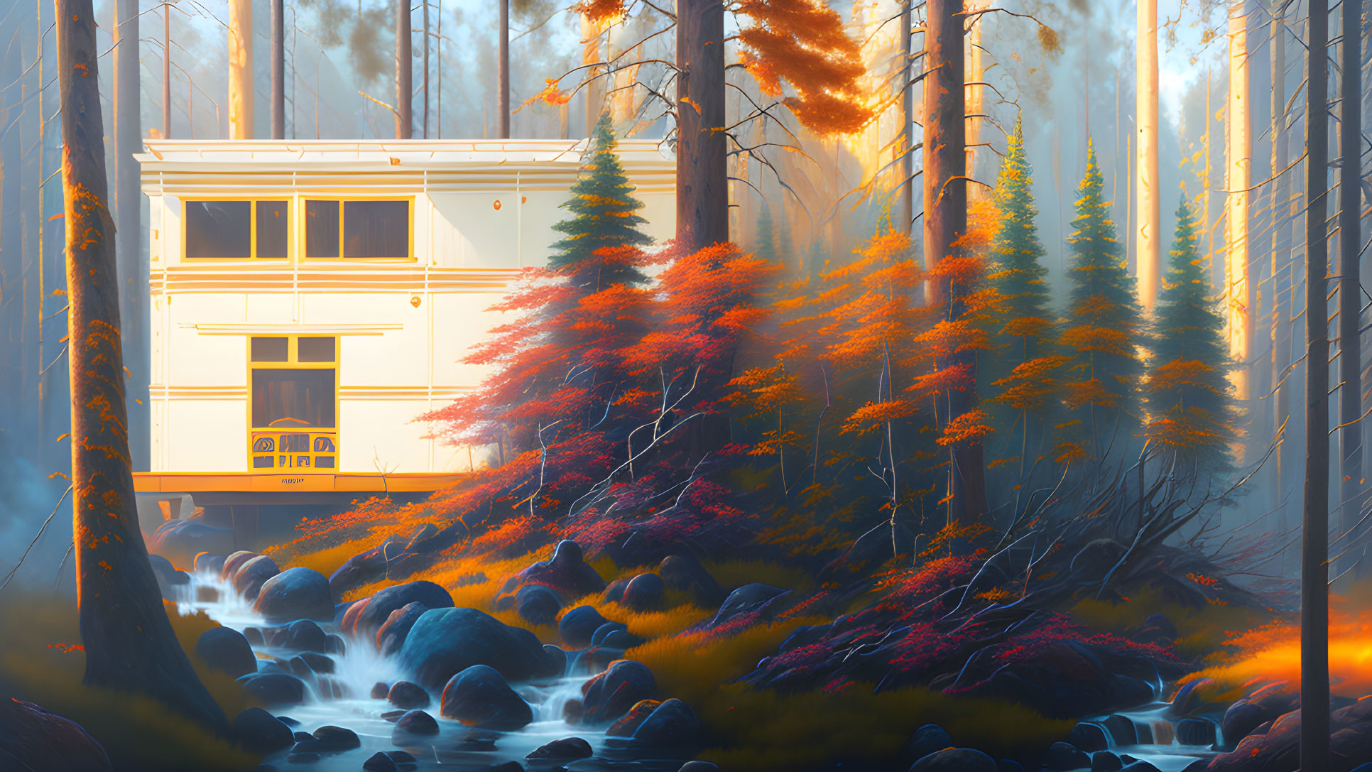 Tranquil forest landscape with modern cabin, stream, autumn foliage, and sunlit pine trees