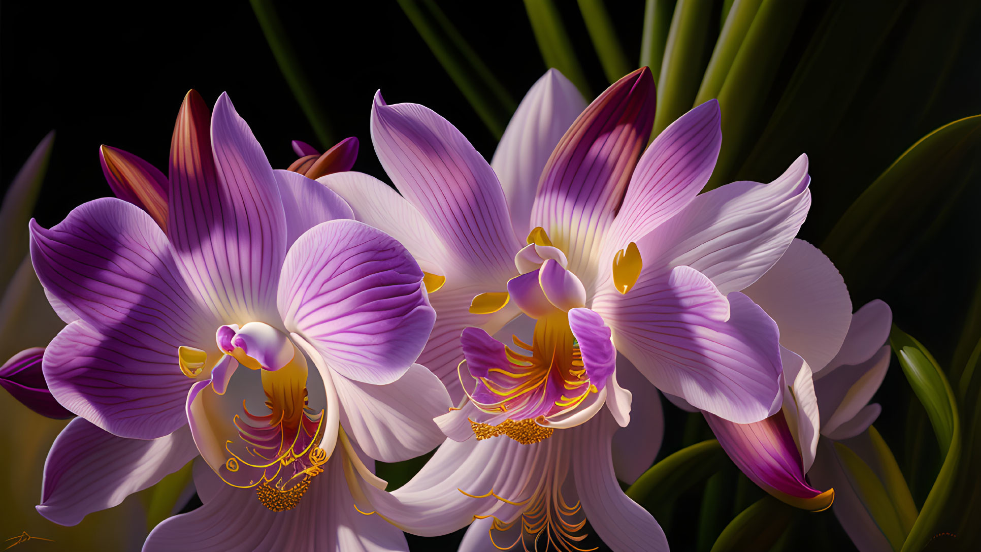 Detailed digital art: Vibrant purple and white orchids with gold and maroon centers on dark background