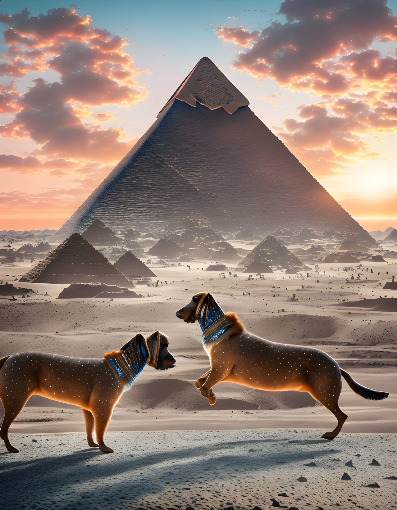 Glowing blue collared dogs in desert near Great Pyramids at sunset