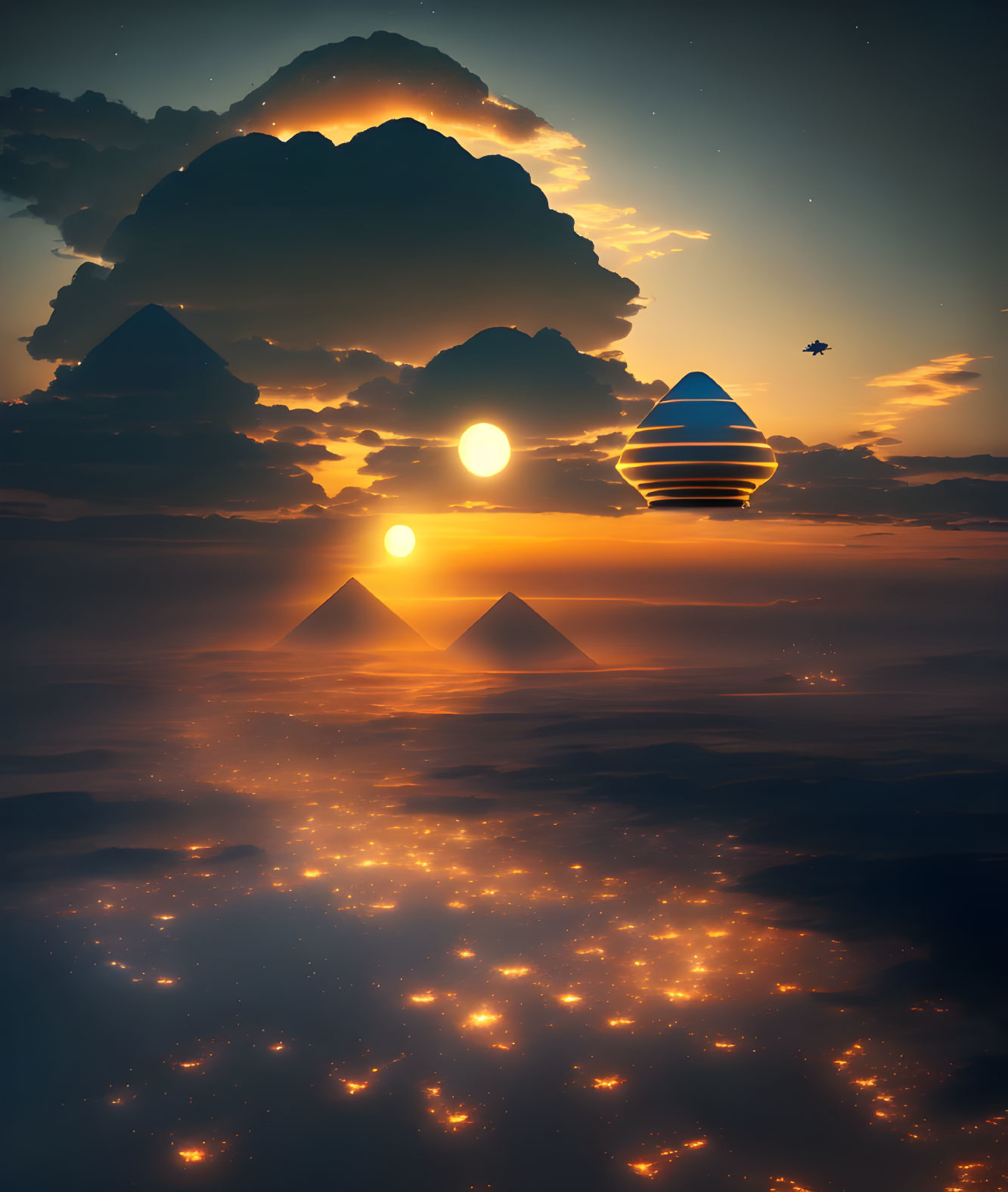 Surreal sunset with pyramids, glowing cityscape, striated planet, and distant bird silhouette