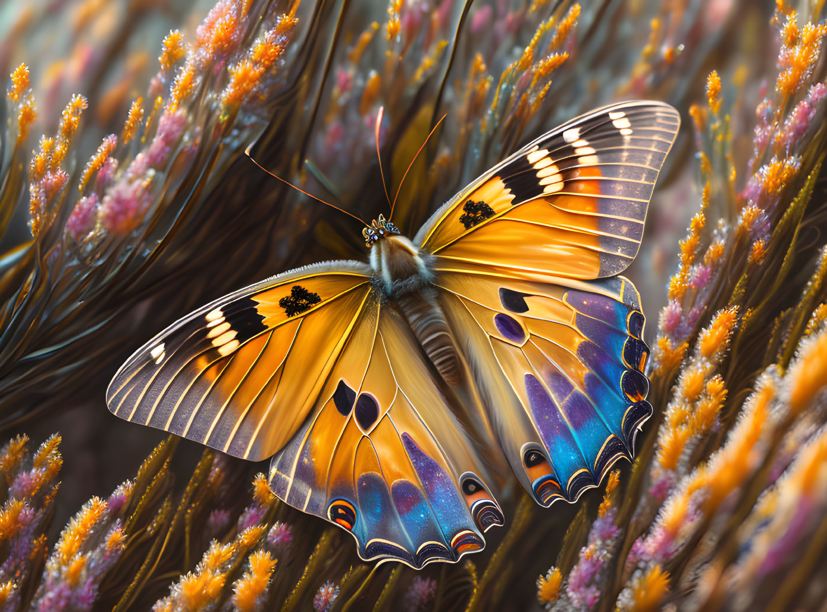 Colorful Butterfly Resting Among Purple Flowers and Bokeh Background