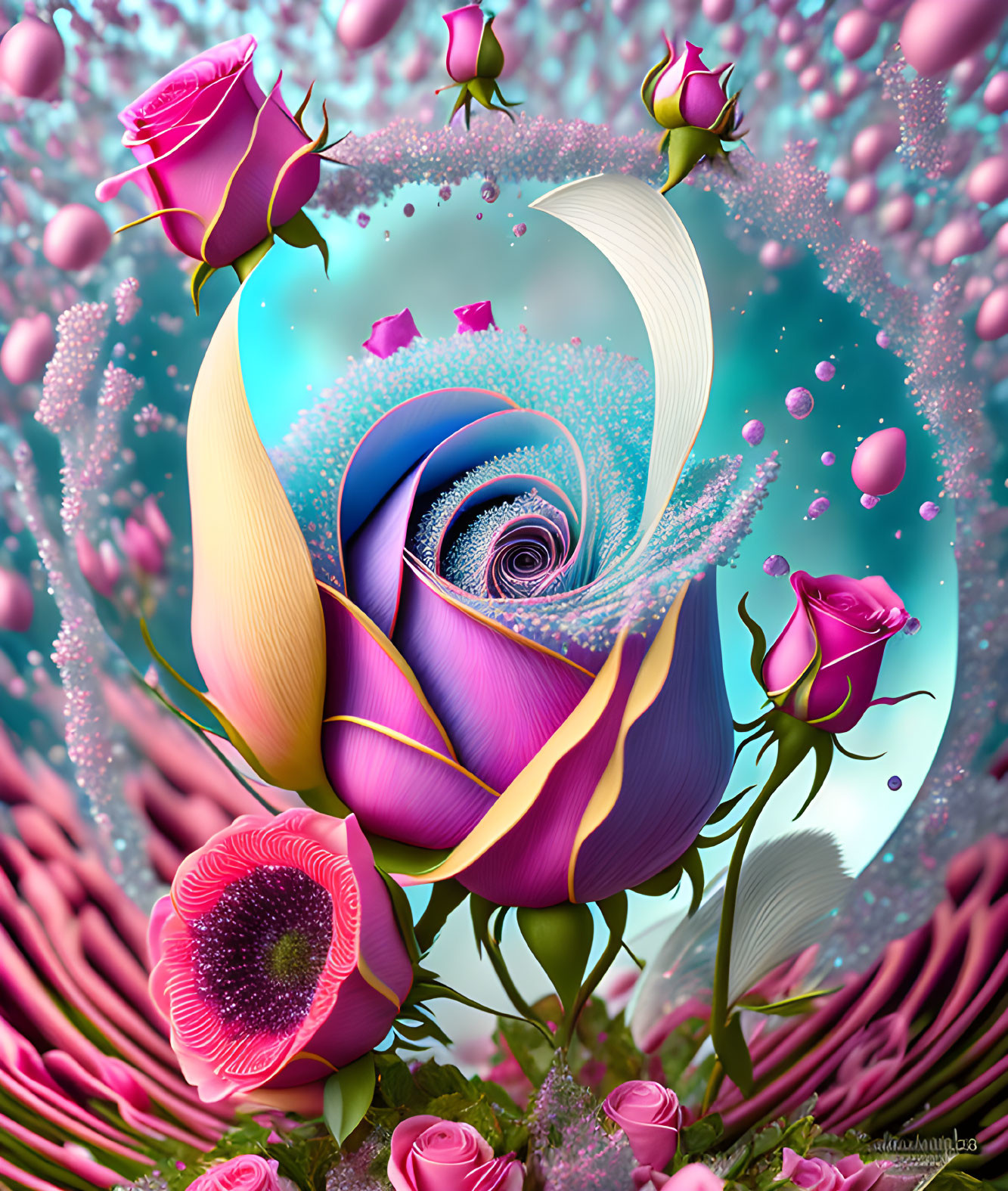 Colorful digital artwork: Abstract swirl with pink roses, blue, purple, and gold on textured background