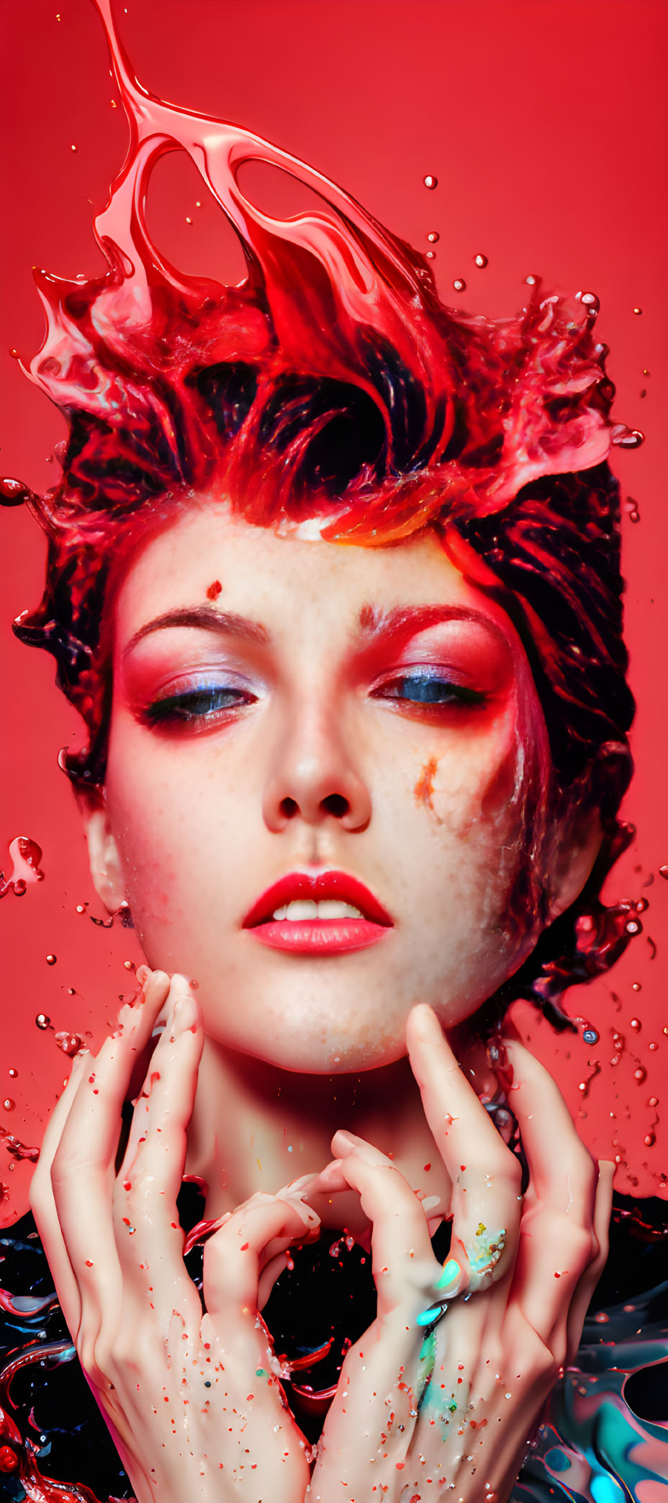 Vibrant red-haired woman with liquid splash on red backdrop