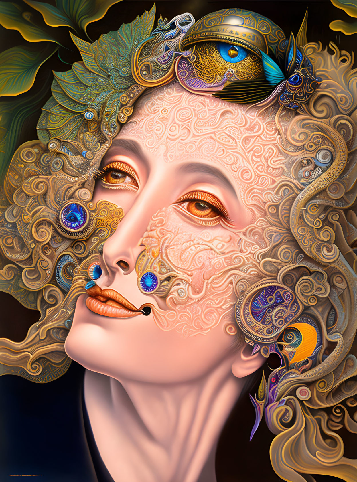 Surreal portrait of woman with ornate patterns and fish motifs