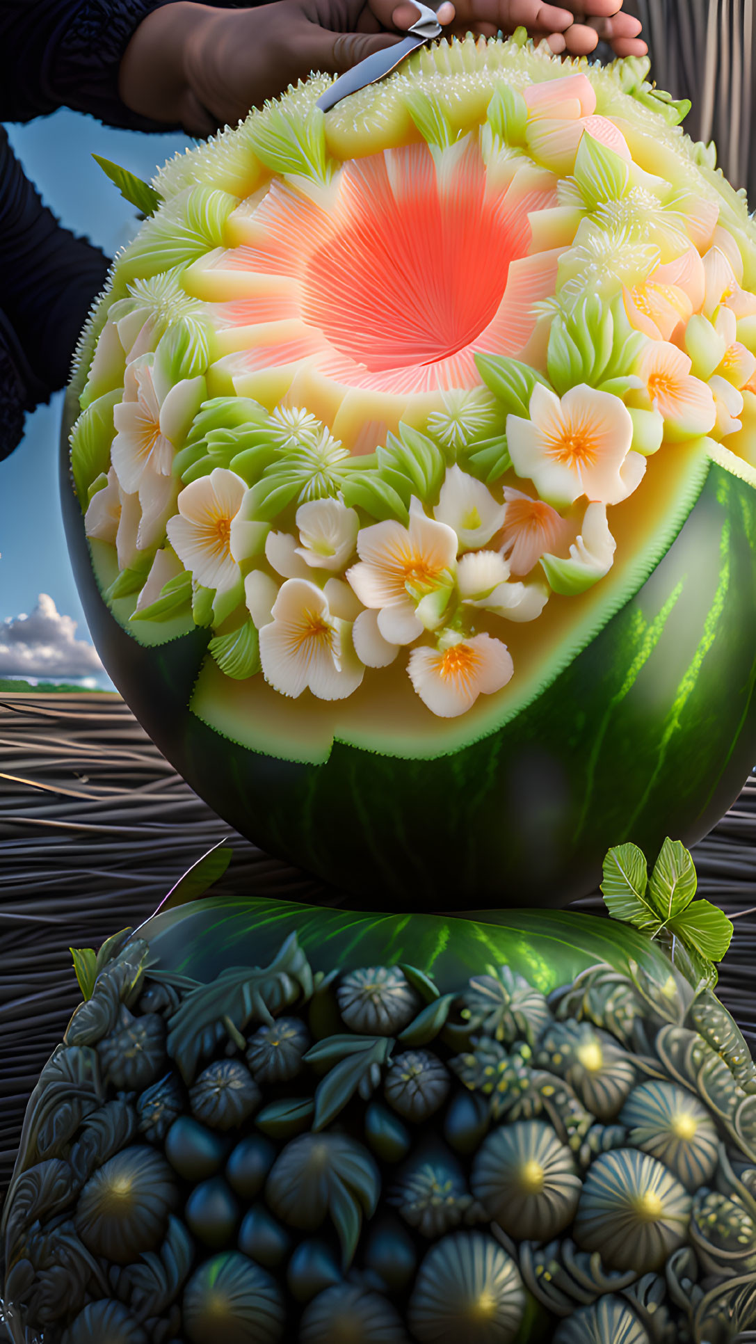 Floral pattern carved watermelons on table with artist's hands in background