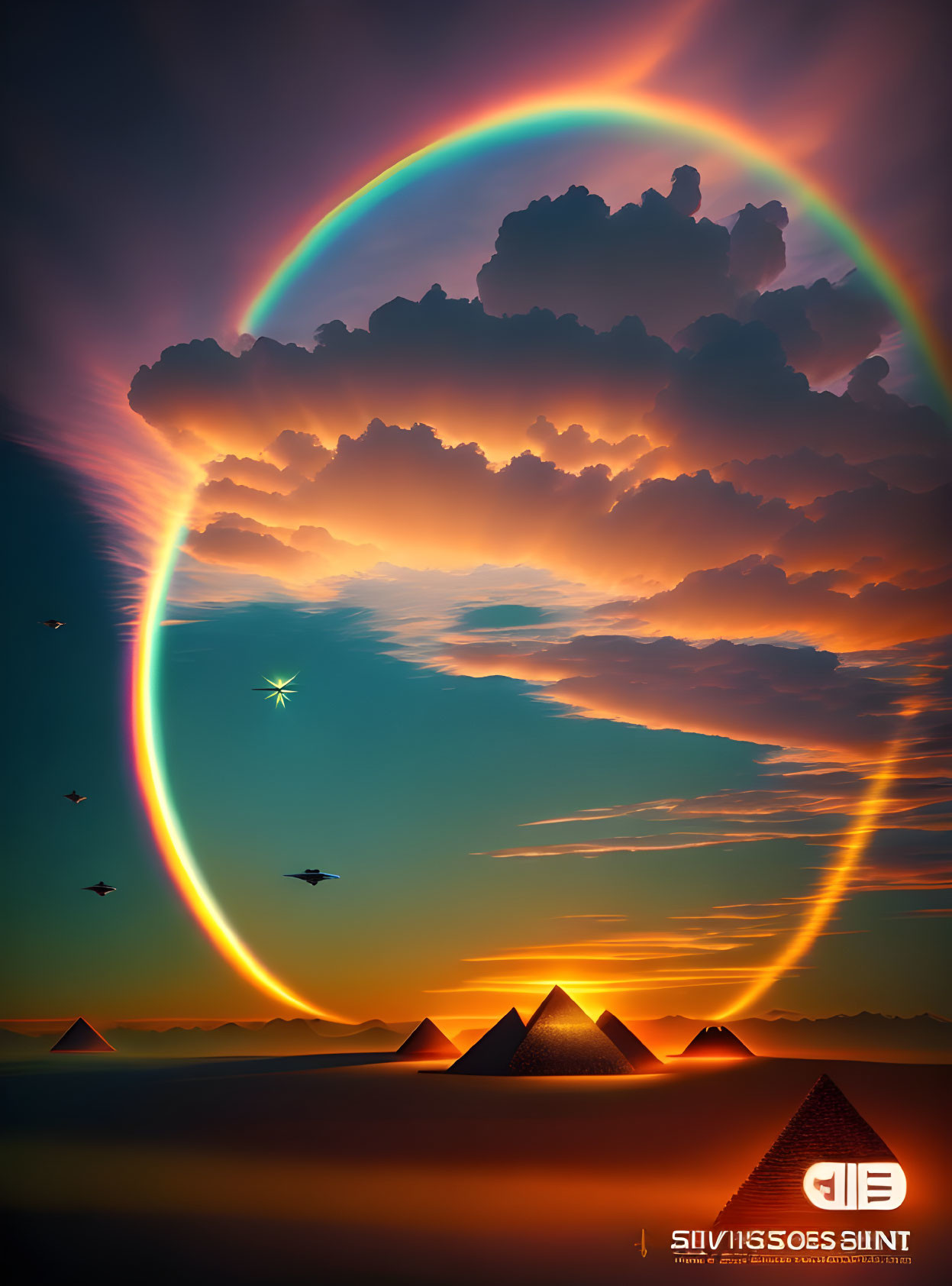 Colorful digital artwork: pyramids, sunset sky, circular rainbow, birds, airplane.