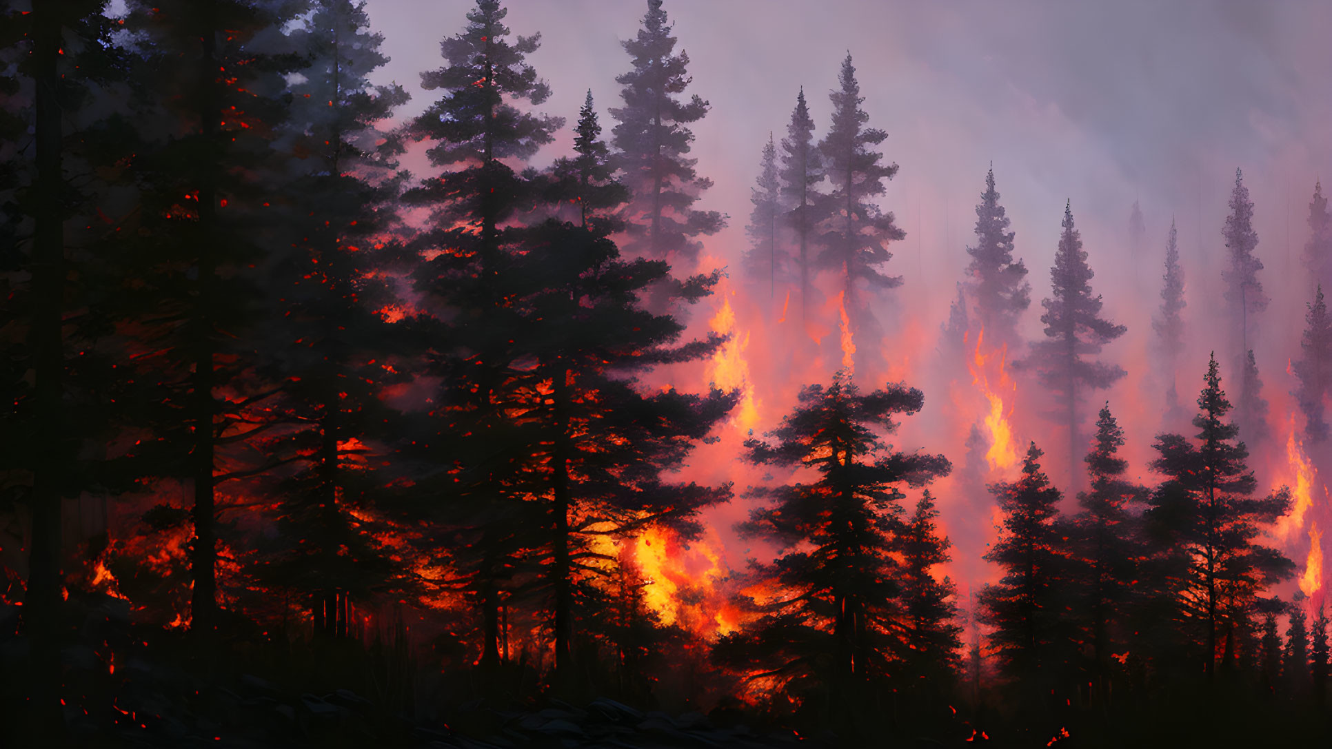 Nighttime forest fire illuminating dense trees.