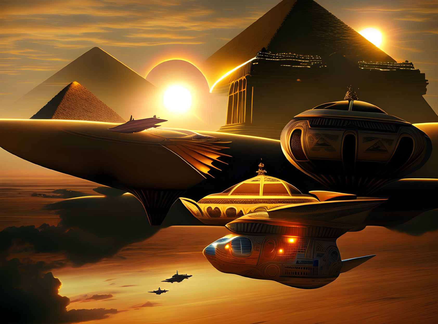 Futuristic spacecraft near Pyramids of Giza at sunset