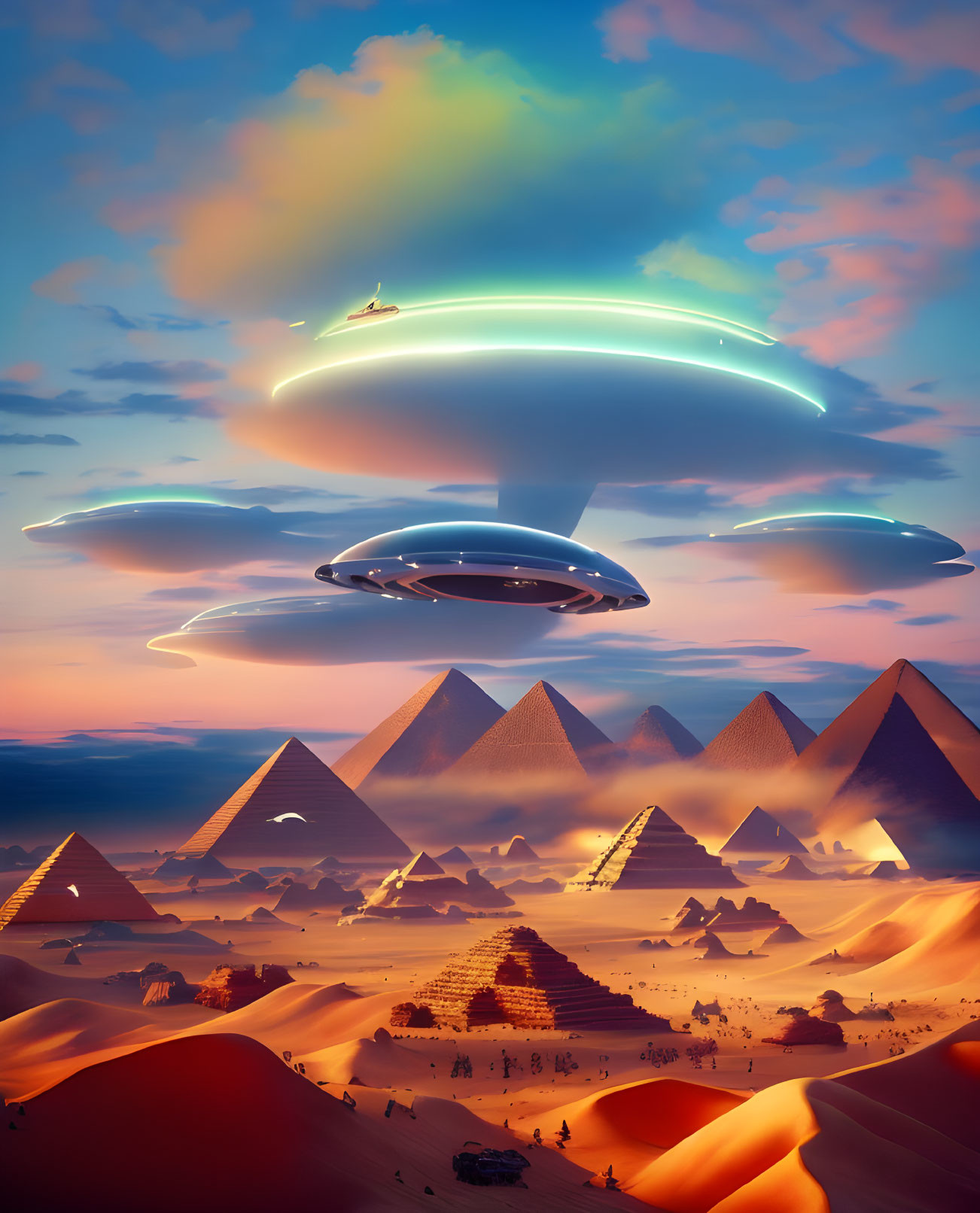 Digital art: UFOs over Egyptian pyramids at sunset