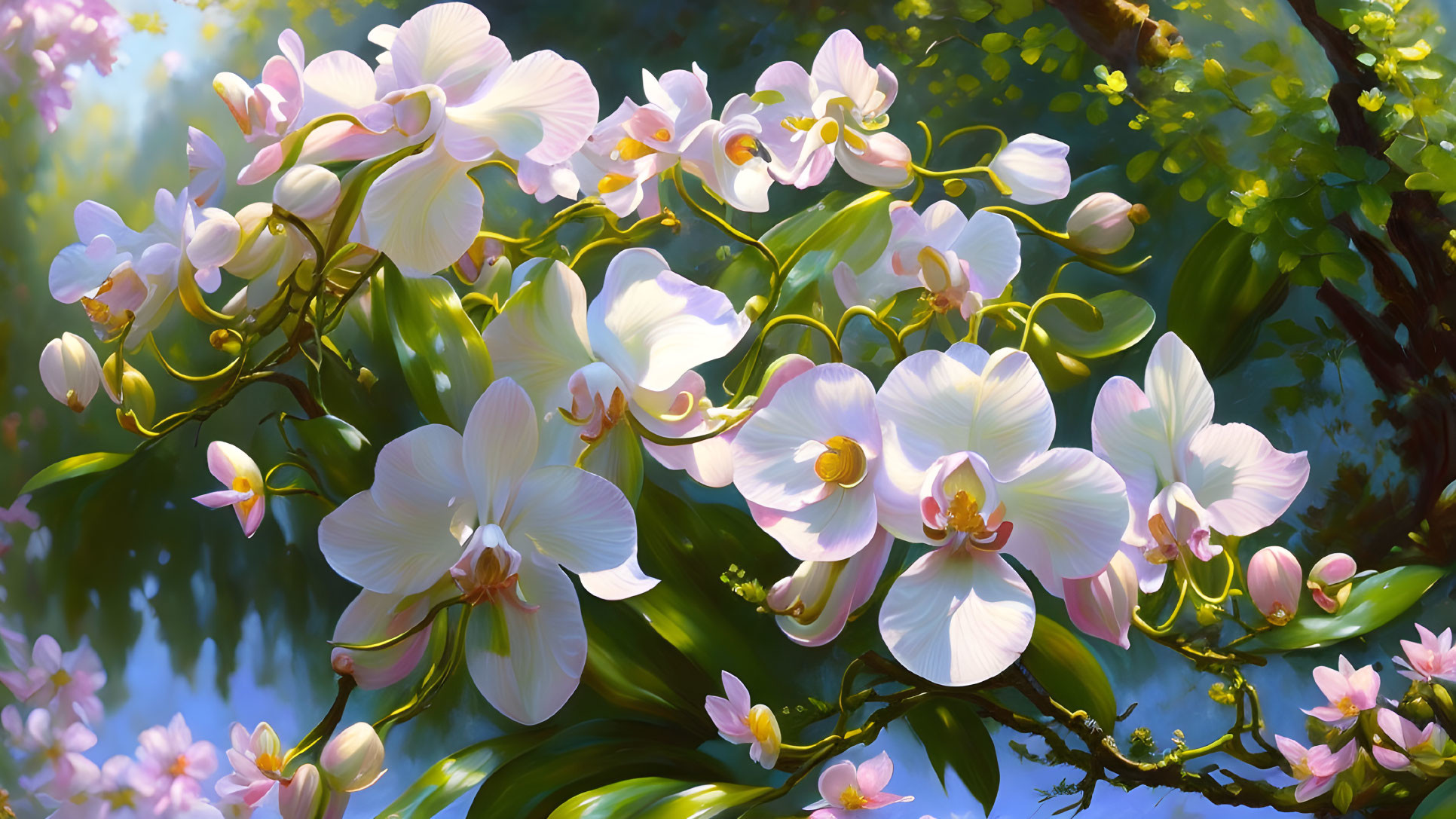 Vibrant white and pink orchids in soft glow against green foliage