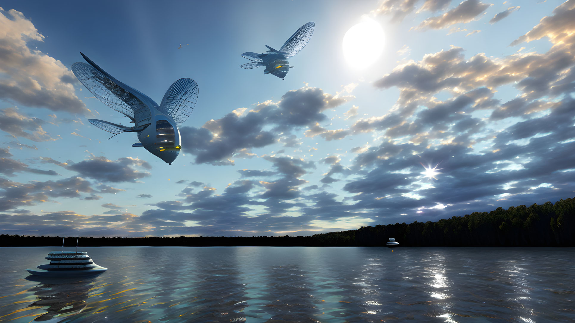 Dragonfly-like Aircrafts Soar over Serene Lake