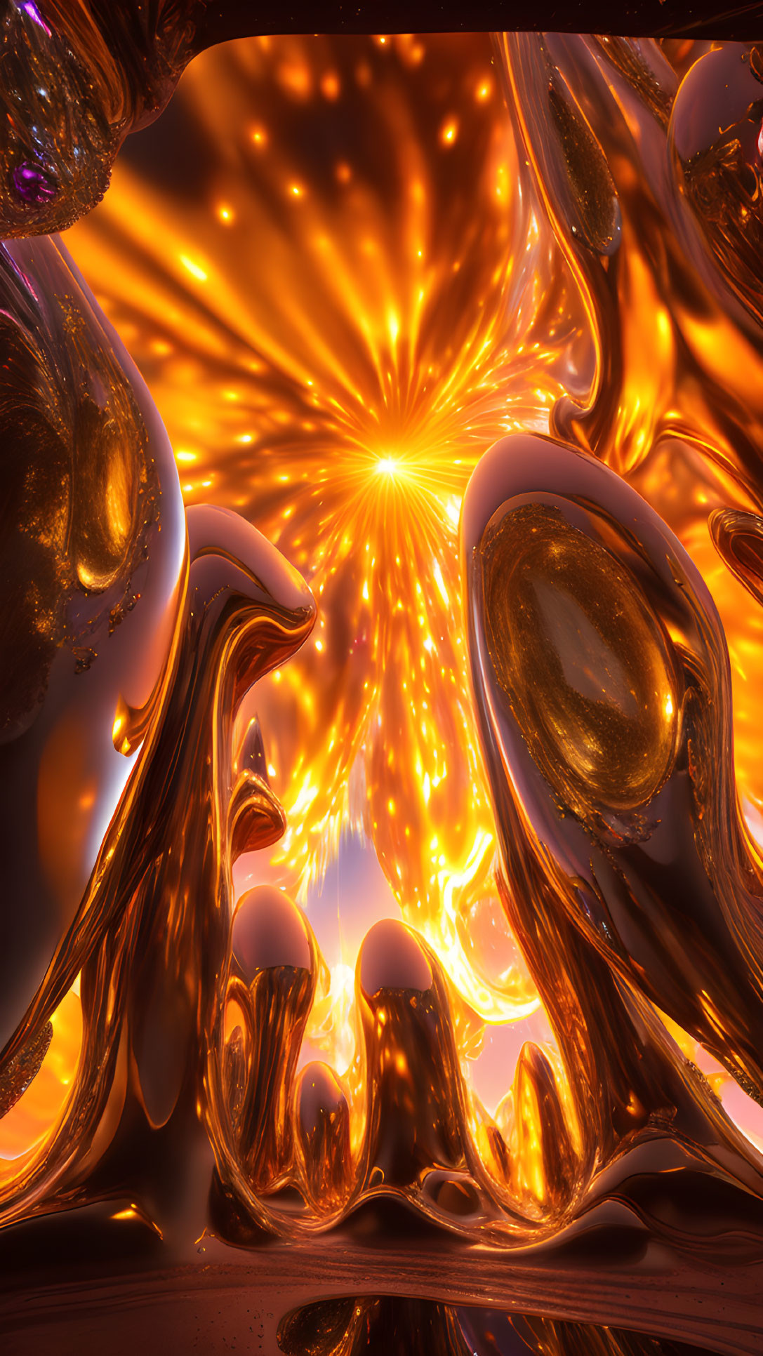 Vibrant 3D Artwork: Orange Light Burst with Metallic Formations