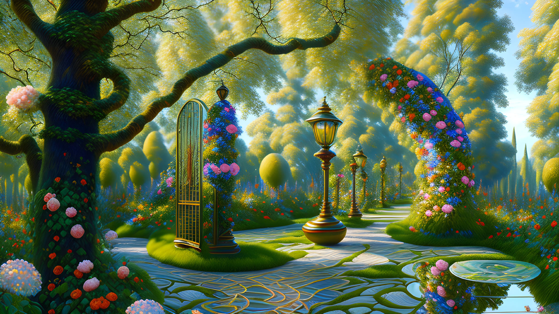 Colorful garden with flowering trees, harp, lanterns, archways, and lush greenery