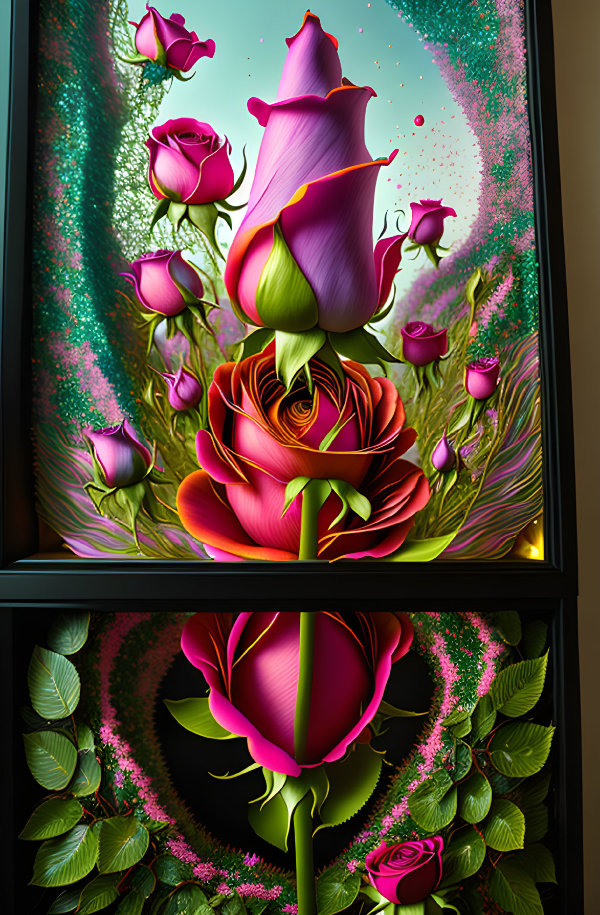 Vibrant pink roses digital art on reflective monitor