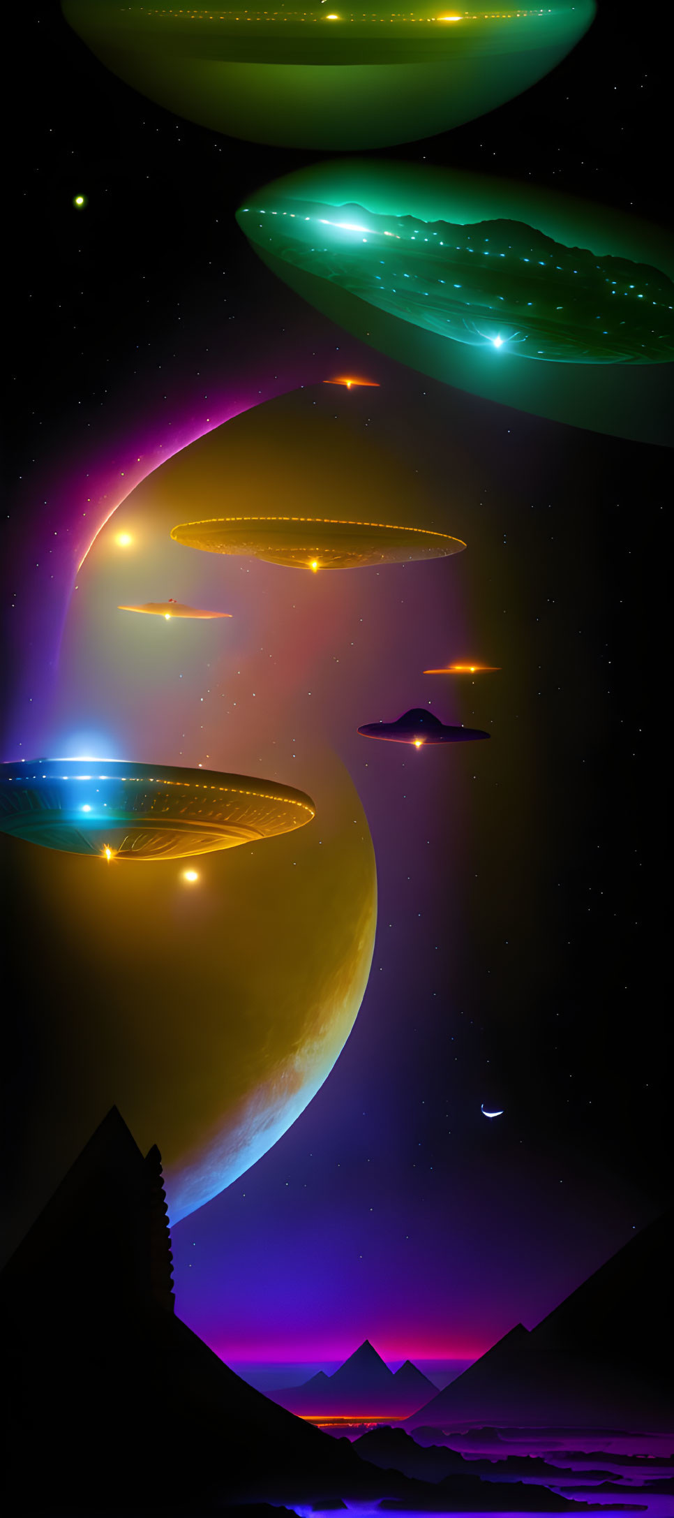 Digital Art: UFOs Over Neon Landscape with Pyramids