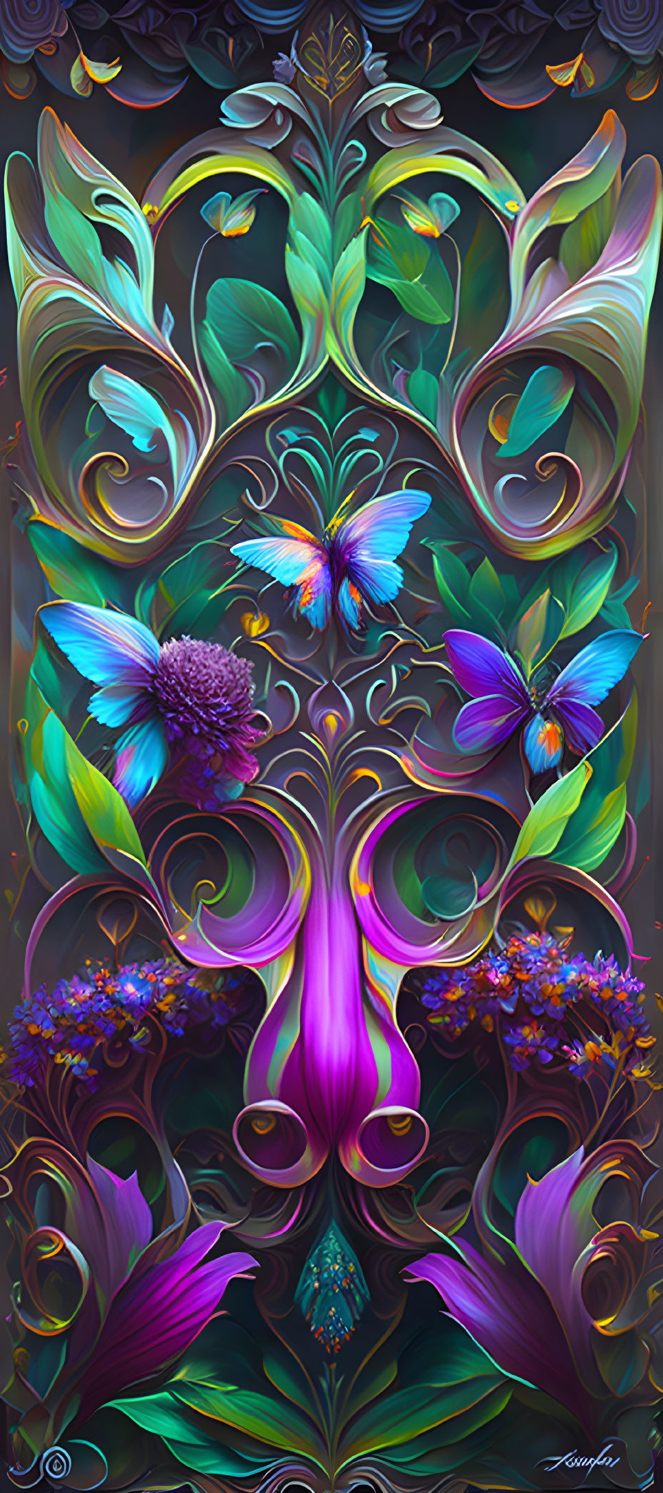 Abstract floral and butterfly digital art with symmetrical design and vibrant colors