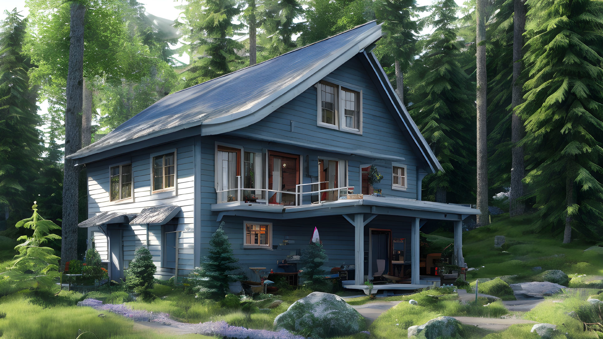 Blue Two-Story House in Forest with Balcony & Porch