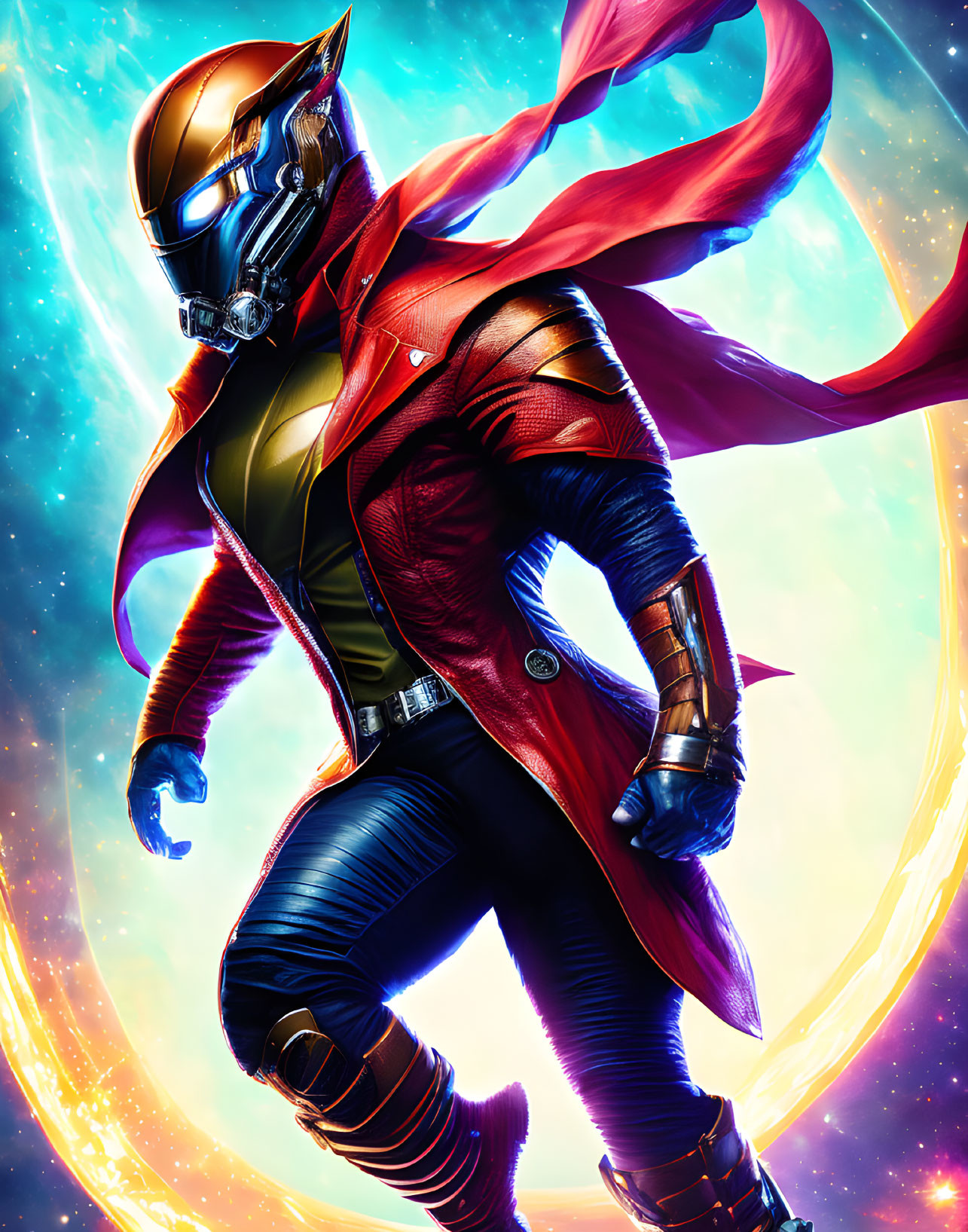 Colorful superhero illustration with sleek helmet and cosmic backdrop