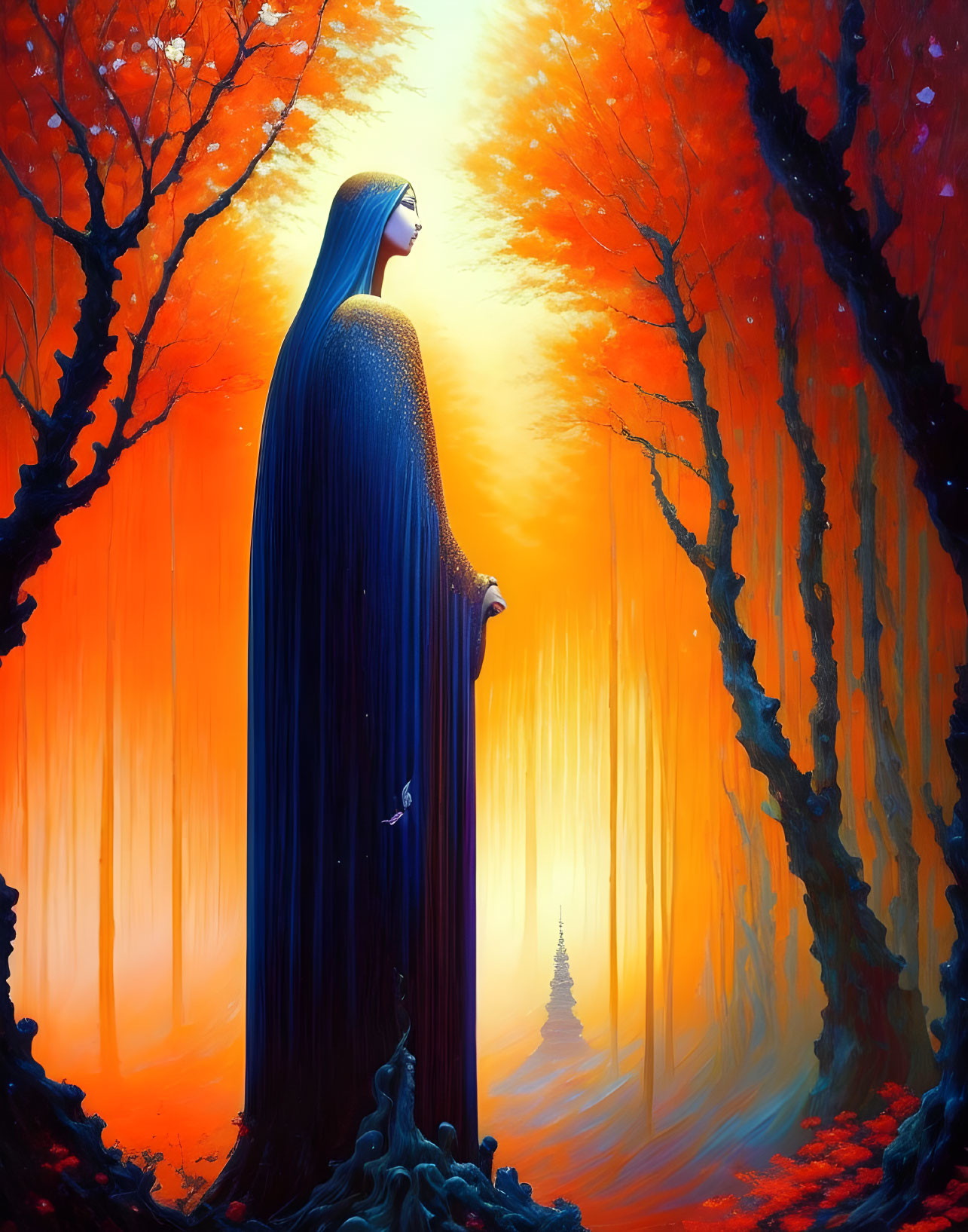 Mystical female figure in vibrant orange forest with temple in the distance