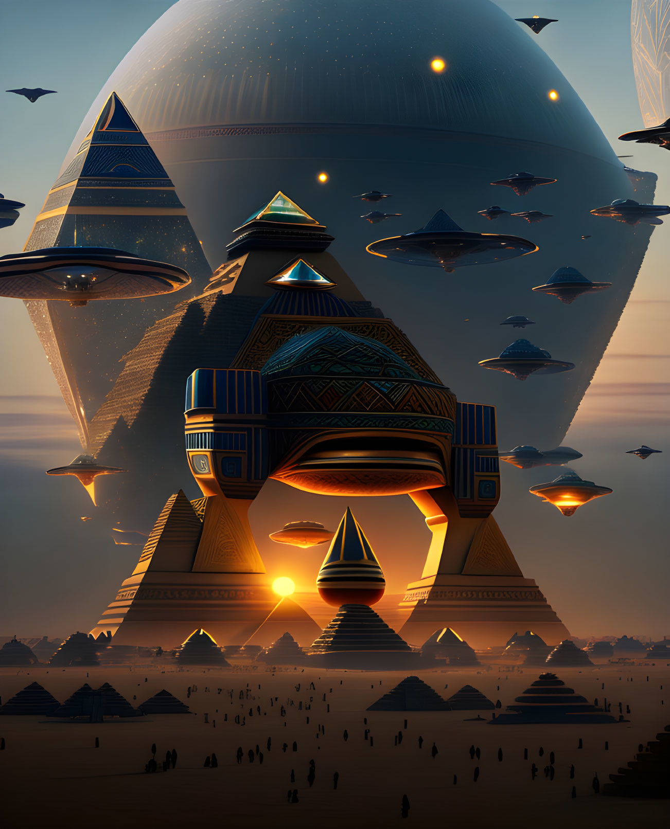 Massive pyramids and alien spacecraft in otherworldly landscape