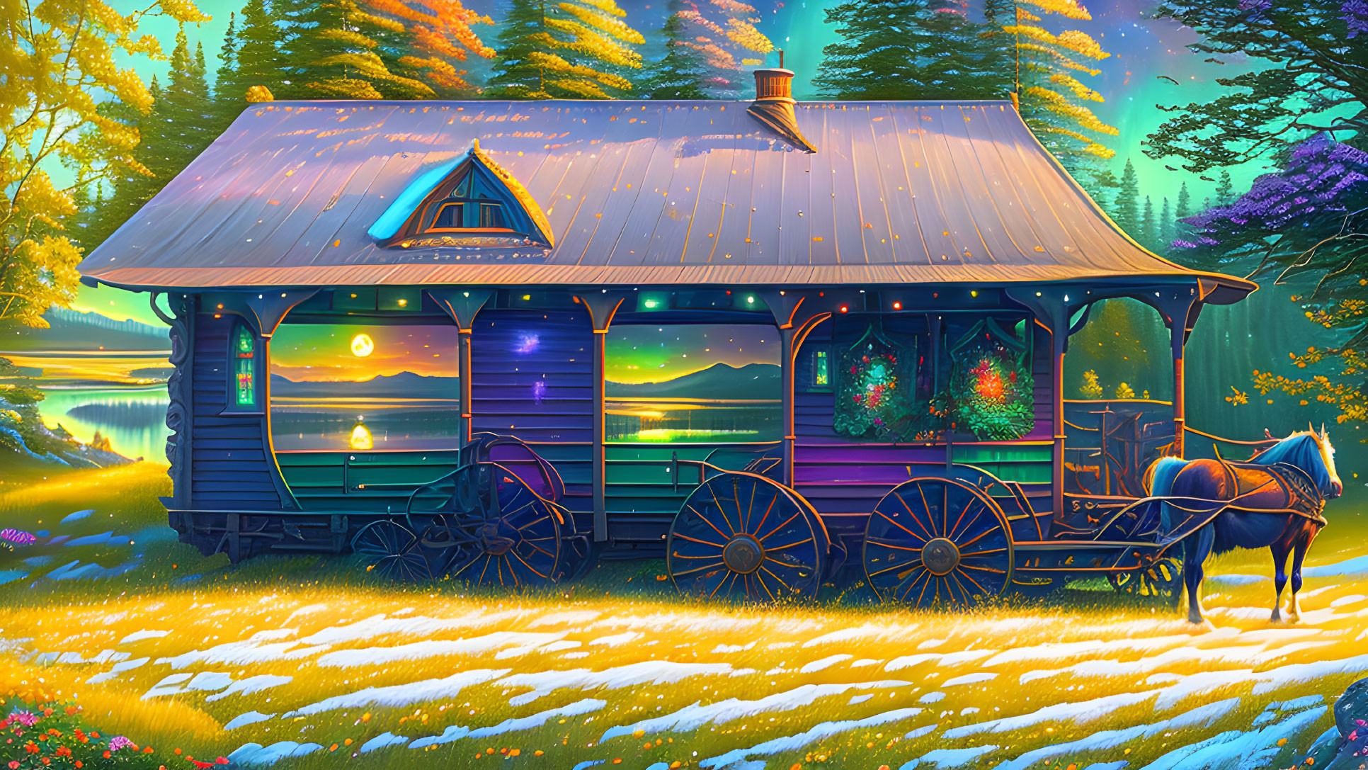 Colorful Cabin with Whimsical Lights by River at Sunset