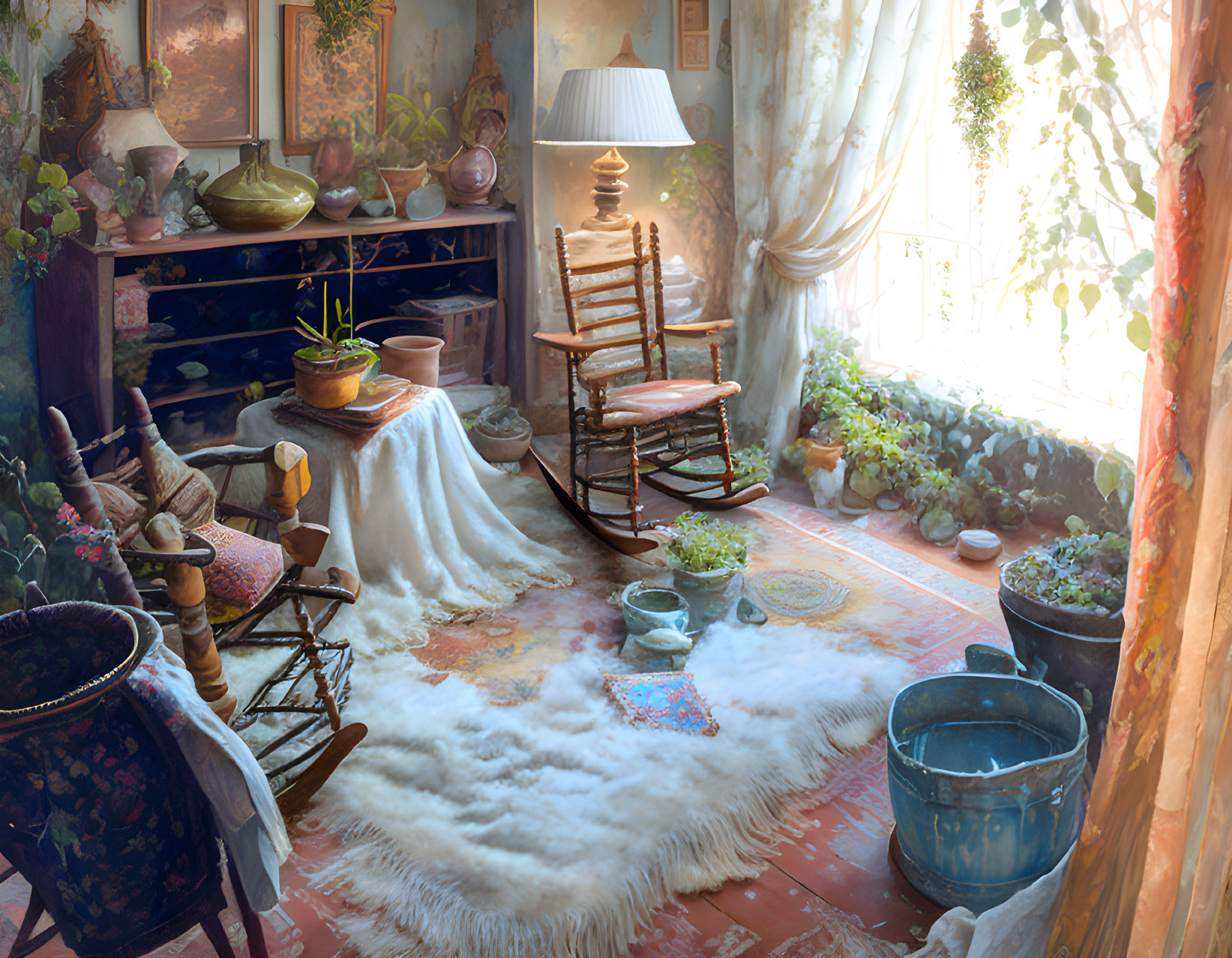 Sunlit room with plants, antique furniture, pottery, and fluffy rug