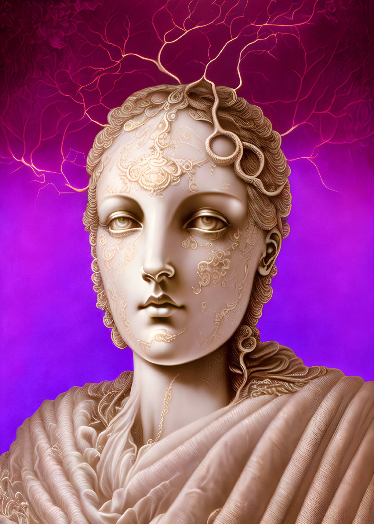 Classical bust digital artwork with gold filigree on purple backdrop