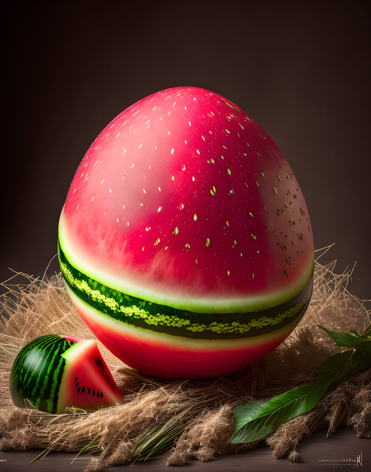 Artistically Designed Watermelon Egg on Straw Bed