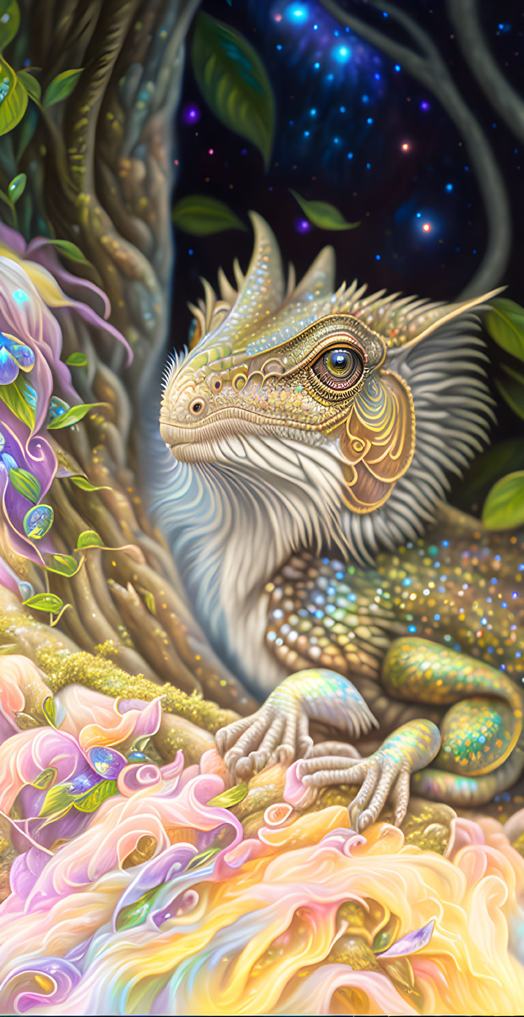 Colorful lizard among vibrant flowers and starry tree - fantasy art illustration