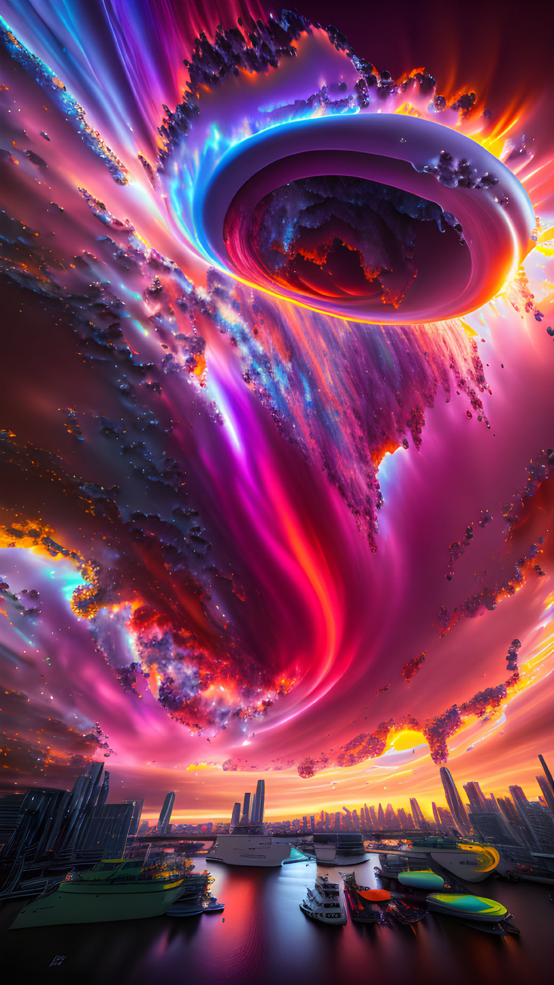 Futuristic cityscape digital art with colorful sky and surreal anomaly