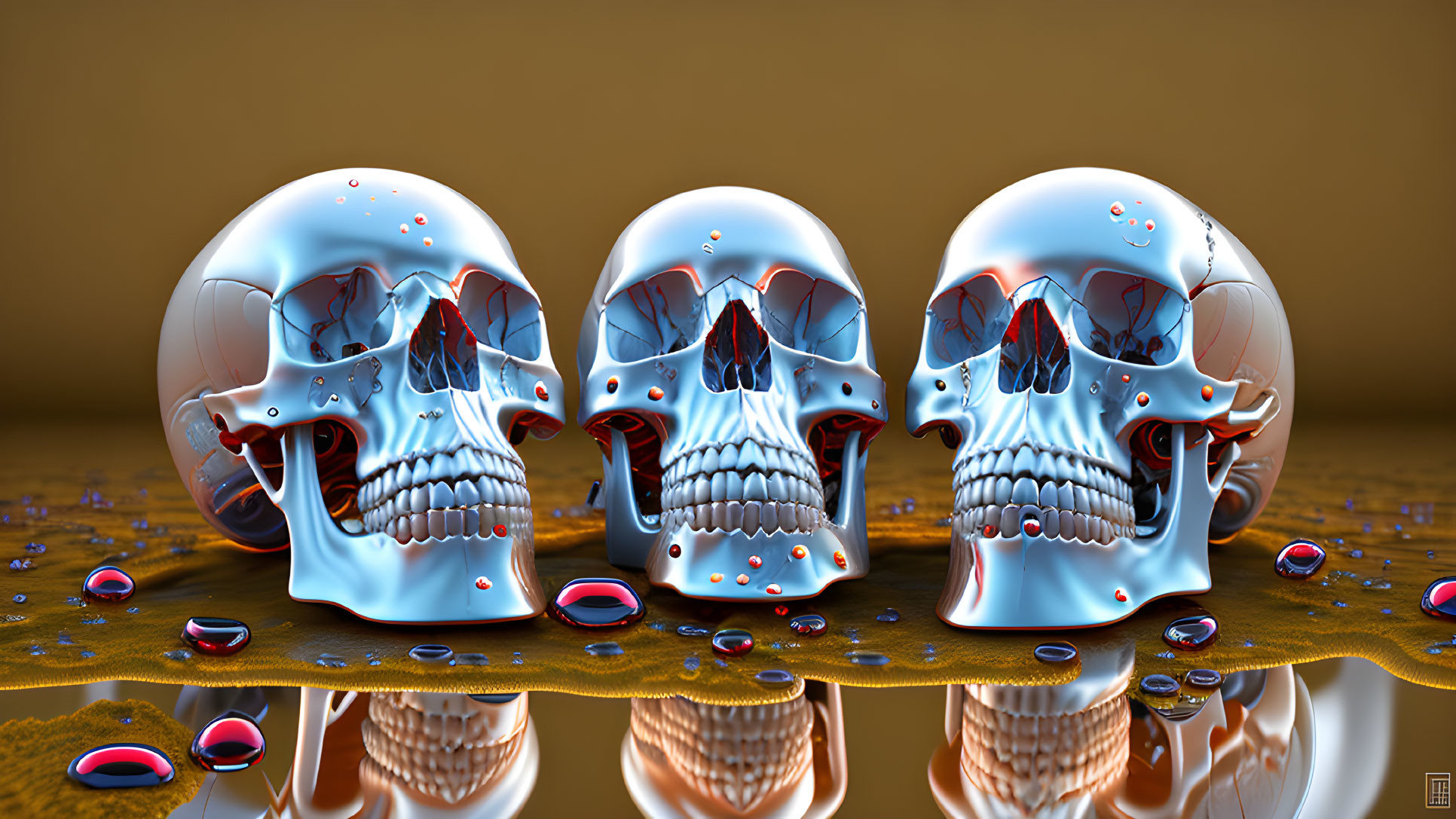 Artistic human skulls with blue and red highlights on brown background