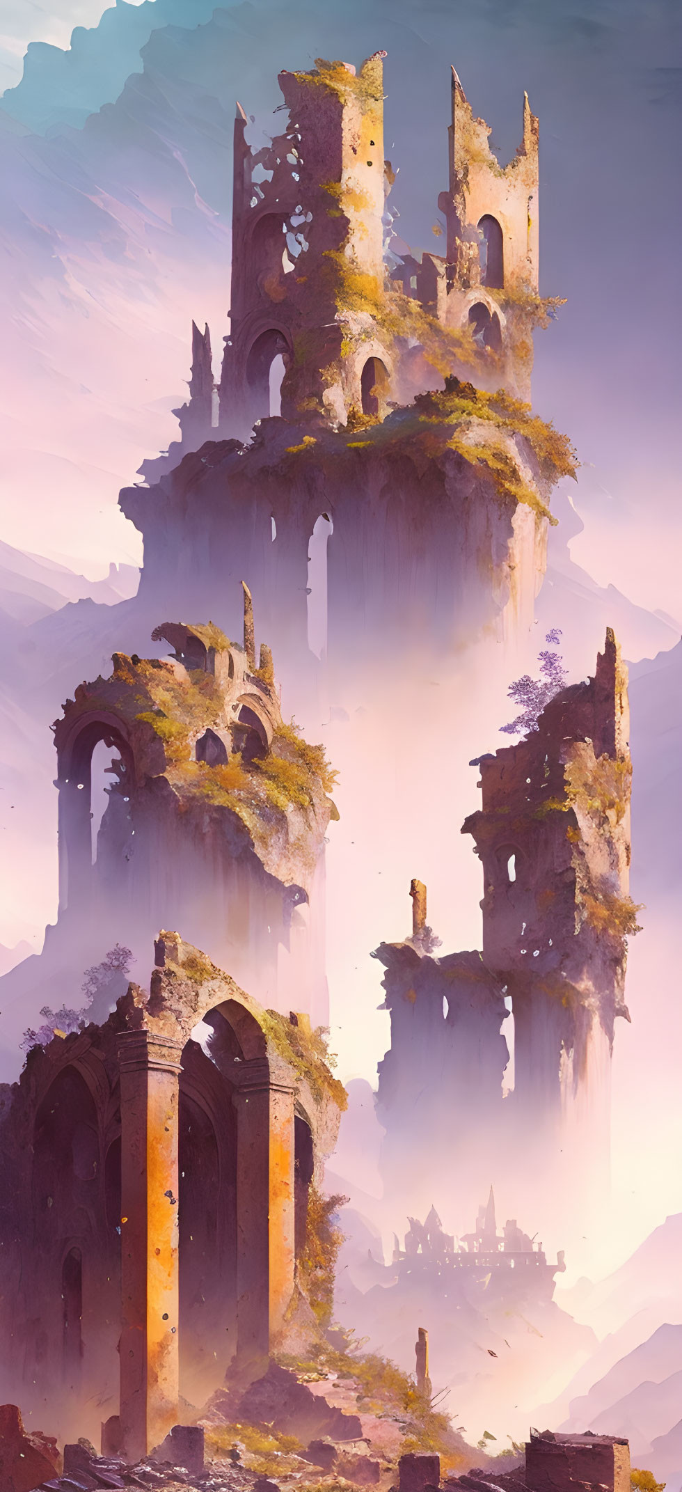 Ancient towers on vertical rocks under pink sky