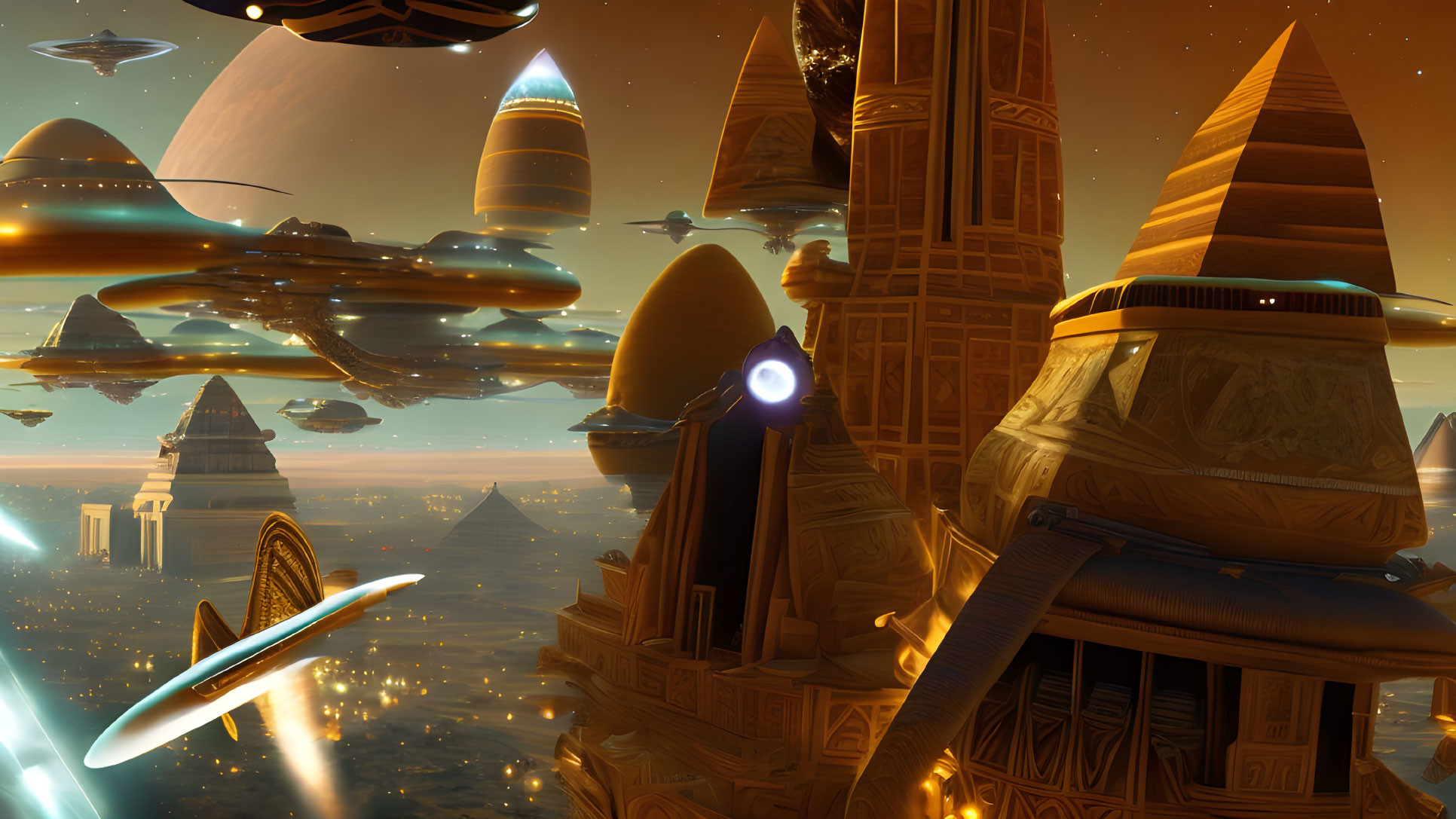 Futuristic cityscape with pyramidal structures and flying vehicles