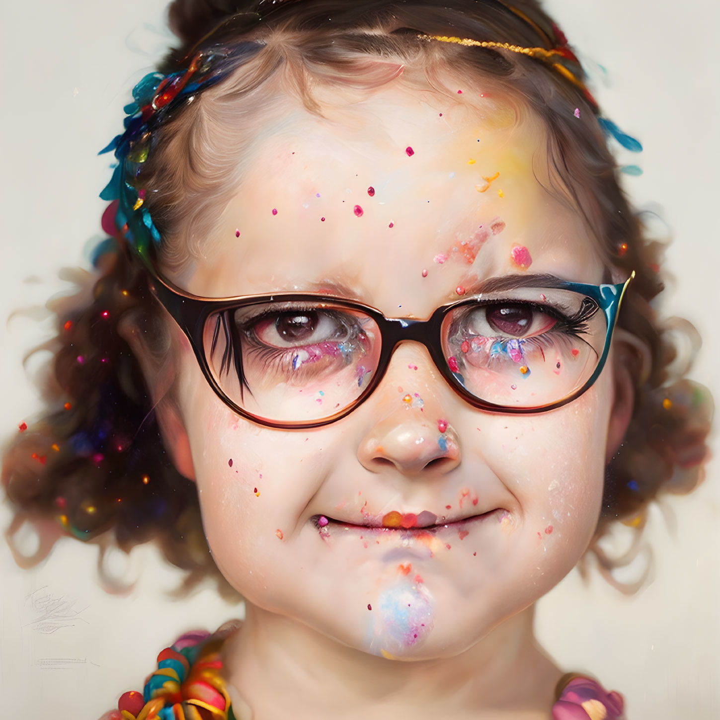 Young girl with curly hair wearing glasses and colorful paint splatters on her face